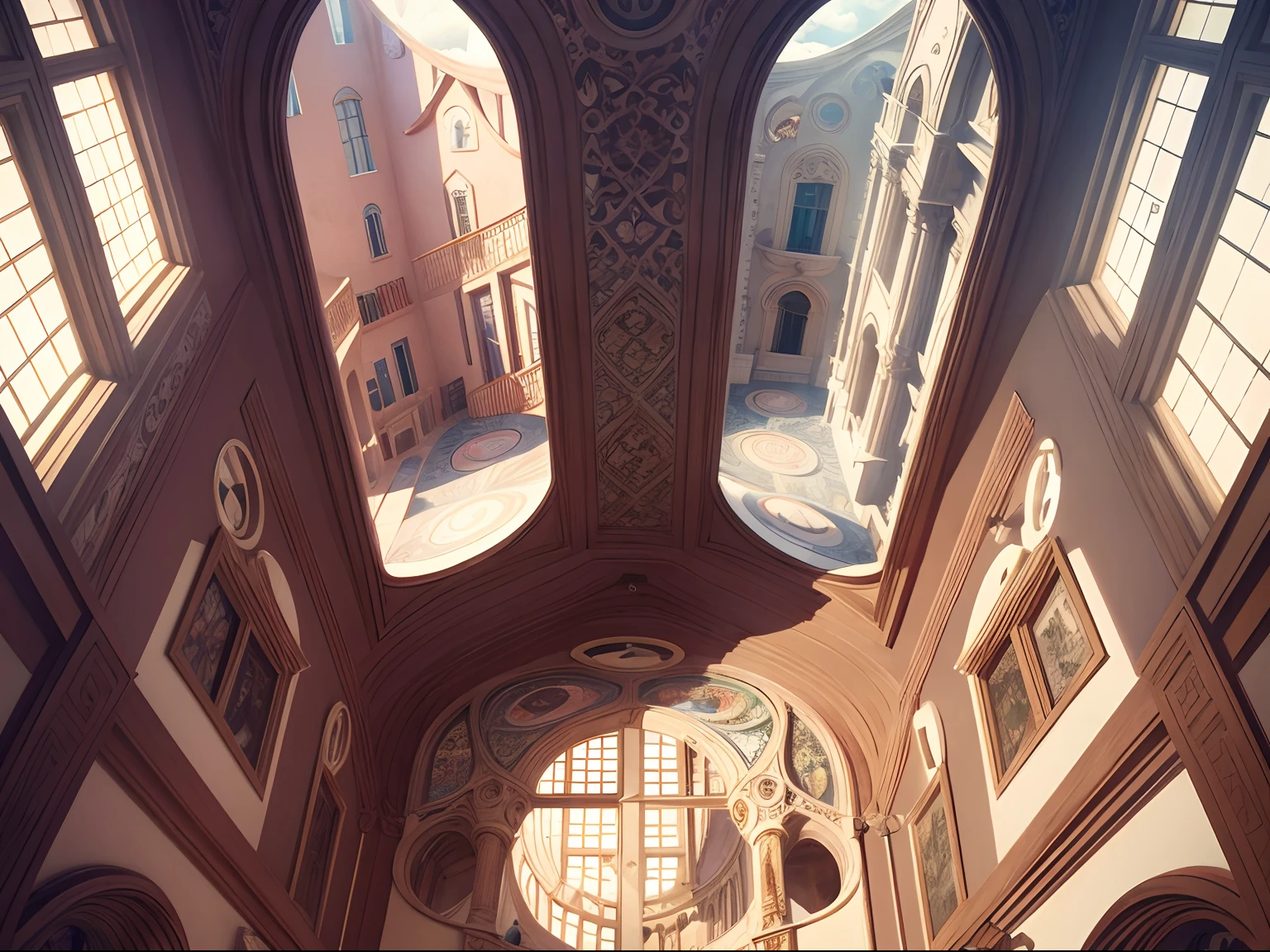 imagination of mirrors by MC Escher, gaudi, Botticelli, wes anderson, Salvador Dali