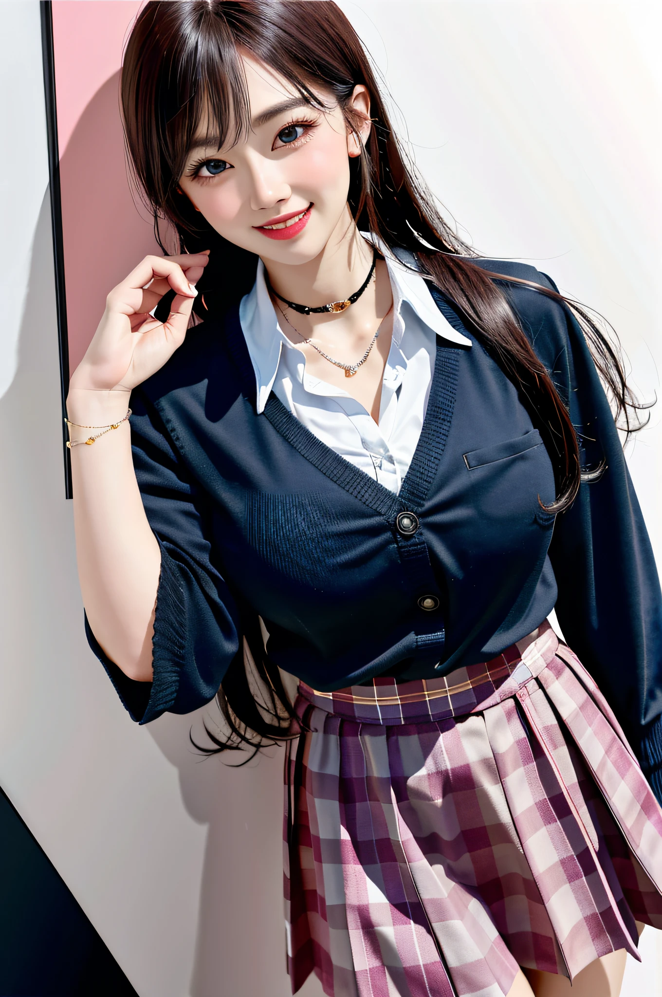 masterpiece, best quality, full body, 1girl, bangs, black choker, black necktie, black hair, blue skirt, blush, bracelet, breasts, choker, clothes around waist, collarbone, collared shirt, cowboy shot, dress shirt, ear piercing, eyebrows visible through hair, gradient hair, grin, gyaru, jewelry, kogal, long hair, looking at viewer, loose necktie, necktie, piercing, plaid, plaid skirt, pleated skirt, red eyes, ring, school uniform, shirt, skirt, smile, solo, white shirt, street, sky, cherry blossoms, petals,illustration, (magazine:1.3), (cover-style:1.3), fashionable, woman, vibrant, outfit, posing, front, colorful, dynamic, background, elements, confident, expression, holding, statement, accessory, majestic, coiled, around, touch, scene, text, cover, bold, attention-grabbing, title, stylish, font, catchy, headline, larger, striking, modern, trendy, focus, fashion,