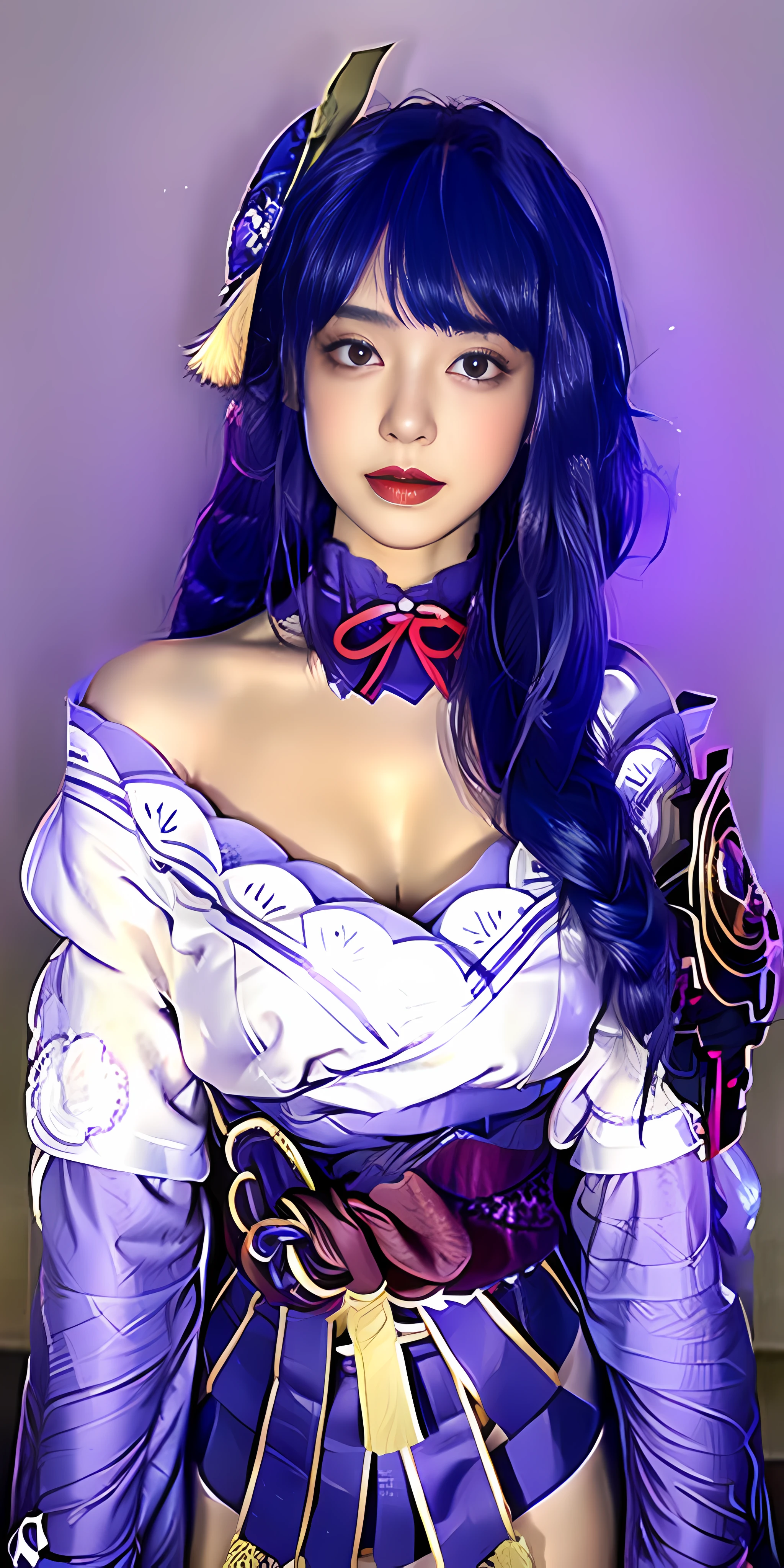 1girl, flat bangs, braids, wide sleeves, hair accessories, kimono, red belt, (purple hair:1.2), very long hair, straight hair, looking at the audience, plain white background, (realism: 1.2), detailed eyes, red eye shadow, depth of field, symmetrical eyes, cleavage, dancing, (masterpiece, top quality, best quality, official art, beauty and aesthetics: 1.2), (1 girl), extreme detail, (fractal art: 1.5), highest detail, [blue feathers|purple feathers] hair, Very long hair, (scattered), (flowing hair: 1.5), hair background, bare shoulders, (collarbone: 0.9), smile, big breasts, 36d, big breasts, sexy, buttocks, hot, big breasts, cleavage, big tits, detailed, white background