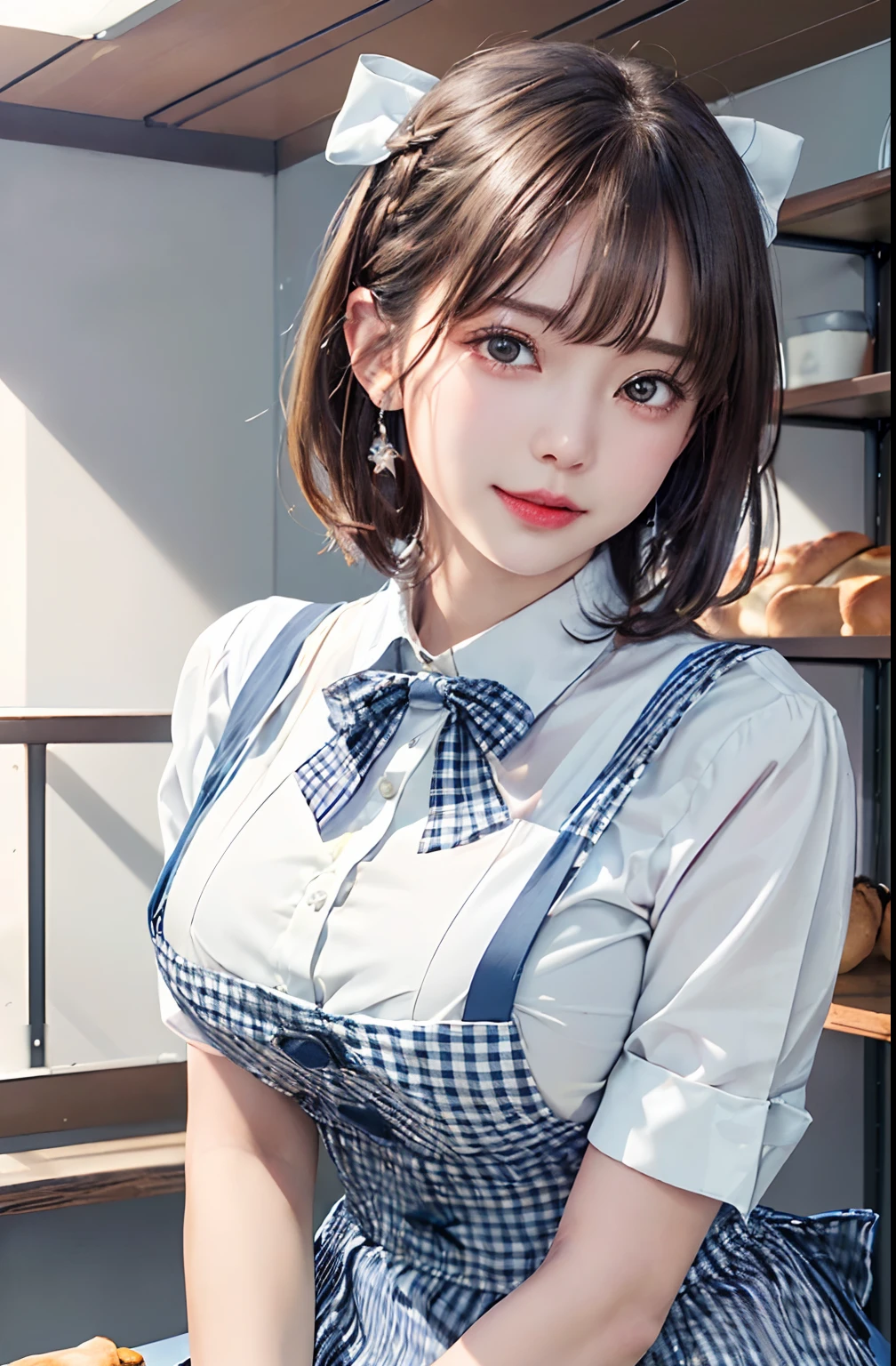 ​masterpiece、top-quality、超A high resolution、(photographrealistic:1.4)、(Sit on a chair:1.7、Put your arm on the desk in front of you:1.7、Place your head on the desk:1.7、Put your face on the desk:1.7、Beautiful woman lying on desk:1.7)、(Simple necklace in silver color:1.5)、((1girl in、White fair skin:1.4、looking at the viewers、Cowboy Shot、spotless、cute little、The long-haired、A dark-haired、Light Brown Fringe Hair、Braided hair、disheveled hair、Light brown eyes、、short hair with bangs、bursting milk in the same way))、 (Red bow:1.3), (A smile)、High detailed eyes、long neck、(((short hair with bangs)))、Lashes、(((natural soft light、gazing at viewer、Entice your audience、爆乳、Highlights in the eyes)))、[(Hassleblad H6D-400c)], [(Medium format image)],[(dream-like)],[(400 mega pixels)], (Photorealsitic:1.4), (Raw photography:1.2), (8K), (​masterpiece:1.3), (realisitic), (A hyper-realistic), ultra-detailliert, illustratio, very_high_Realistic:1.5 ,very_high_resolution:1.5, nffsw, nffsw, Unity, 8K Picture Wallpaper, astonishing、finely detail, Official art, Highly detailed ticker Unity 8k wallpaper, (top-quality), incredibly absurdness, ultra-detailliert, Light on the Face, cinematric light, 电影灯光, Professonal lighting、photon maping、Radio City、physically-based renderingt、solofocus、foco nítido、 hight resolution、ighly detailed、extremely delicate and beautiful、intricate detailes、face muscles、a beautiful detailed girl、Natural makeup、extra detailed face、looking at away、(Gingham Check Suspender Apron:1.3), (Solid Blue High Waist Skirt:1.3), (Apron over skirt:1.2), (White blouse:1.3), (double-breasted,Underbust:1.2), Short sleeves, buttonGap, (Solid blue bow tie:1.2),(Bread salesperson:1.5)、(Shelf color々Chock full of bread:1.5)、(Ceiling-to-ceiling shelves:1.5)、(爆乳:1.8)、(Sexy movements:1.5）