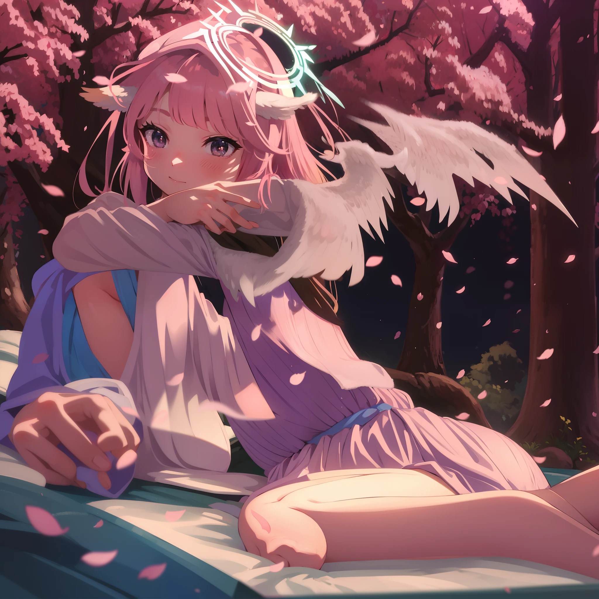 Lying under the sakura tree, early sunrise, dark, cosy light, cute face, cat ears, halo, low wings