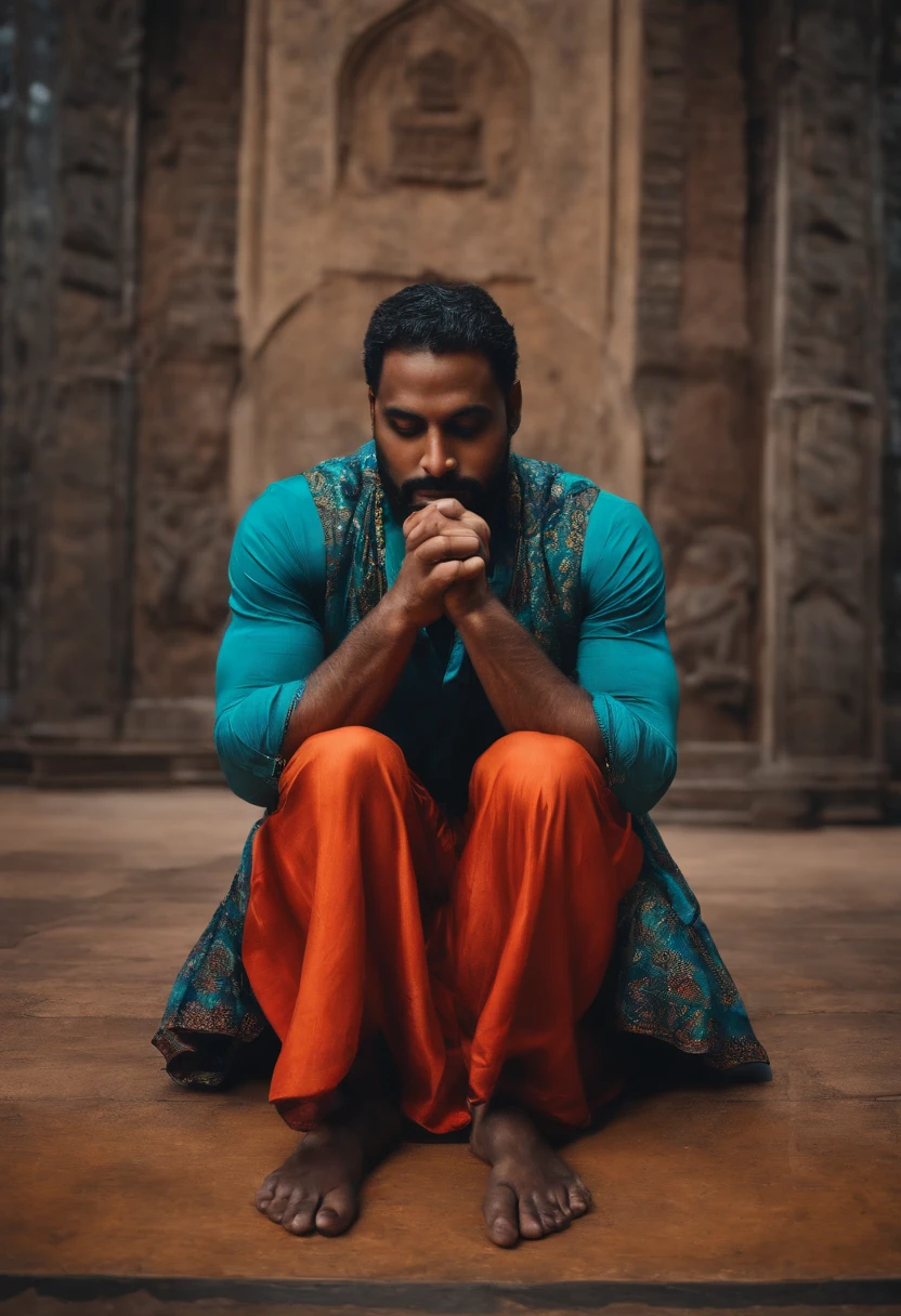 Crouching man containing face with 4 arms