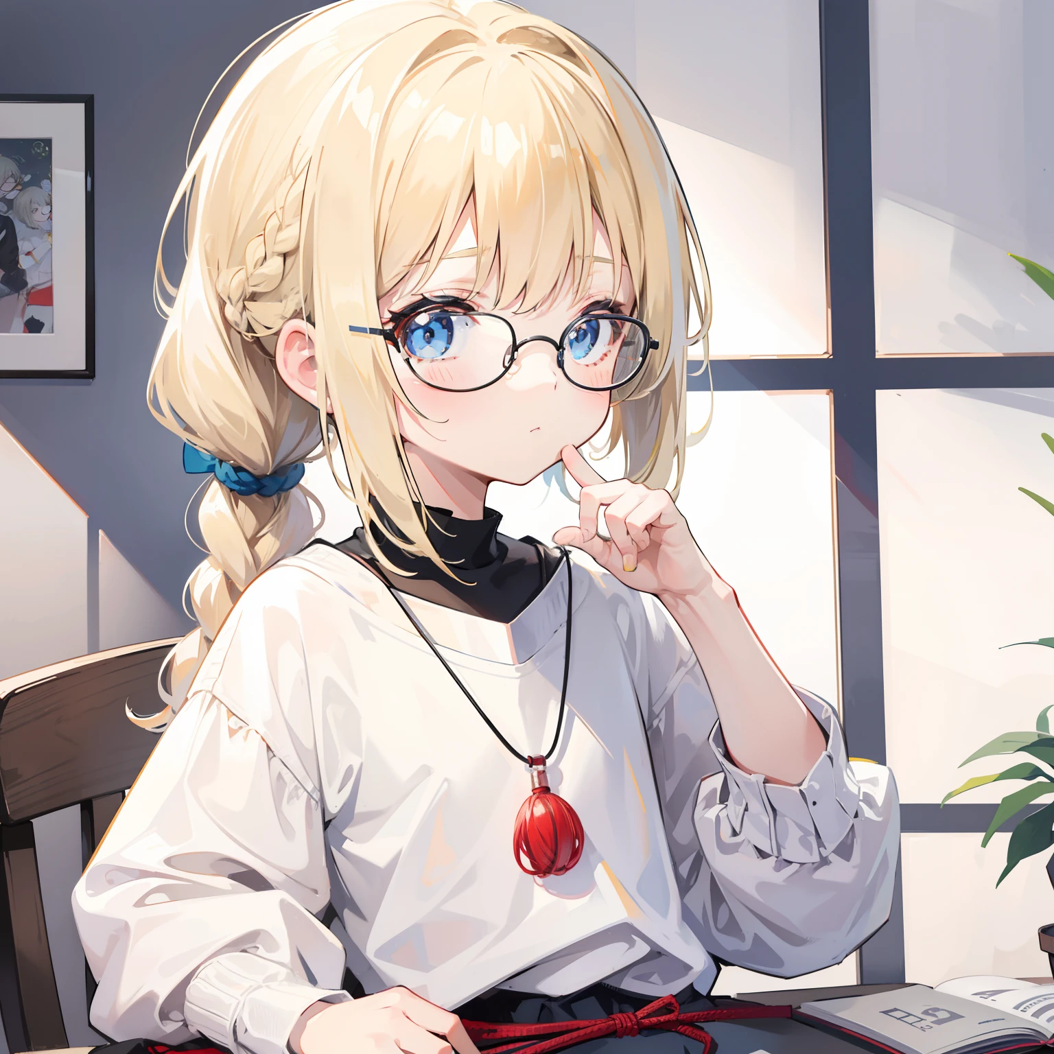 Light blond bangs，With a ponytail，With braids，The body is petite and tender，Very ，Only very small，Black round glasses，Thick frame，Red rope pendant，Light yellow and blue children's clothing