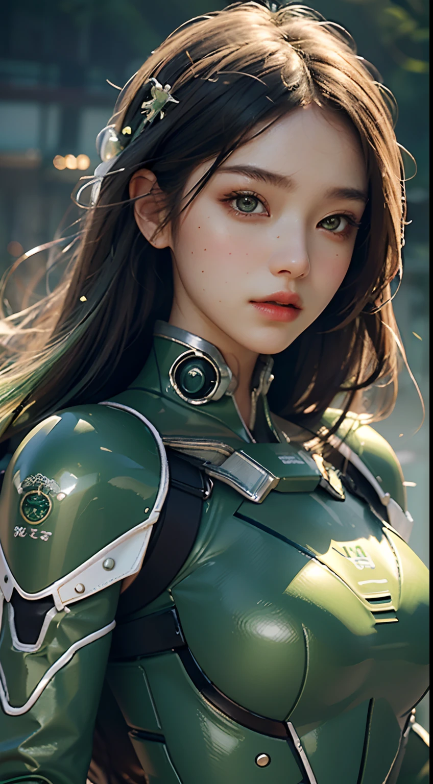 Highest image quality，Outstanding details，超高分辨率，（Fidelity：1.4），The best illustration，Favor the details，Highly cohesive 1girl，He has a delicate and beautiful face，True face，Dressed in a black-green mech，Hold the direction controller，Ride a mecha motorcycle，The background is a high-tech lighting scene in the future city。