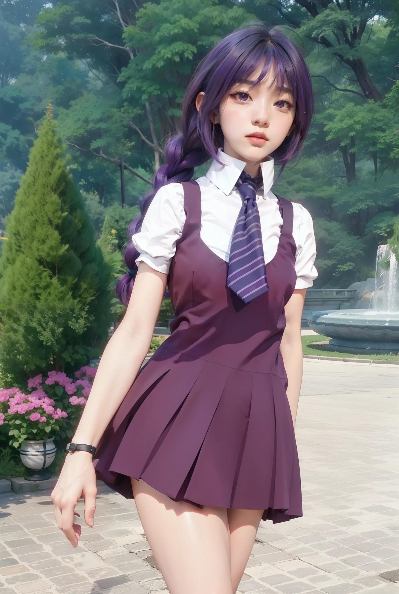 Real life adaption of this character, korean face beautiful, realistic same purple hair,realistic outfit, realistic light ,realistic shadow,hyper realistic, (photorealistic:1.2)