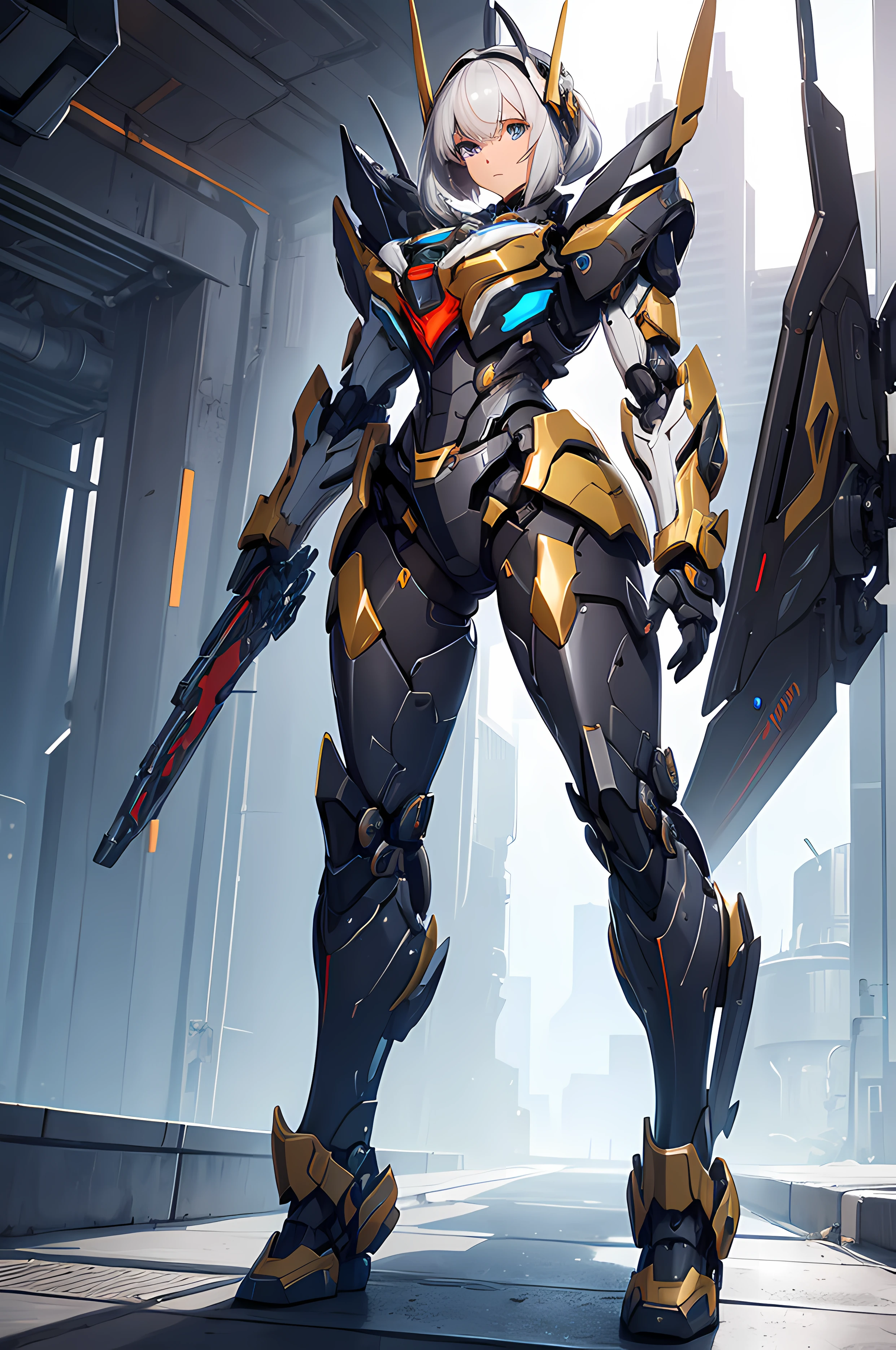 A beautiful Women, ( full body armor), ((full body frame)), solemn, royal, sci-fi, mecha, battle pose, mecha robot, robot, machine