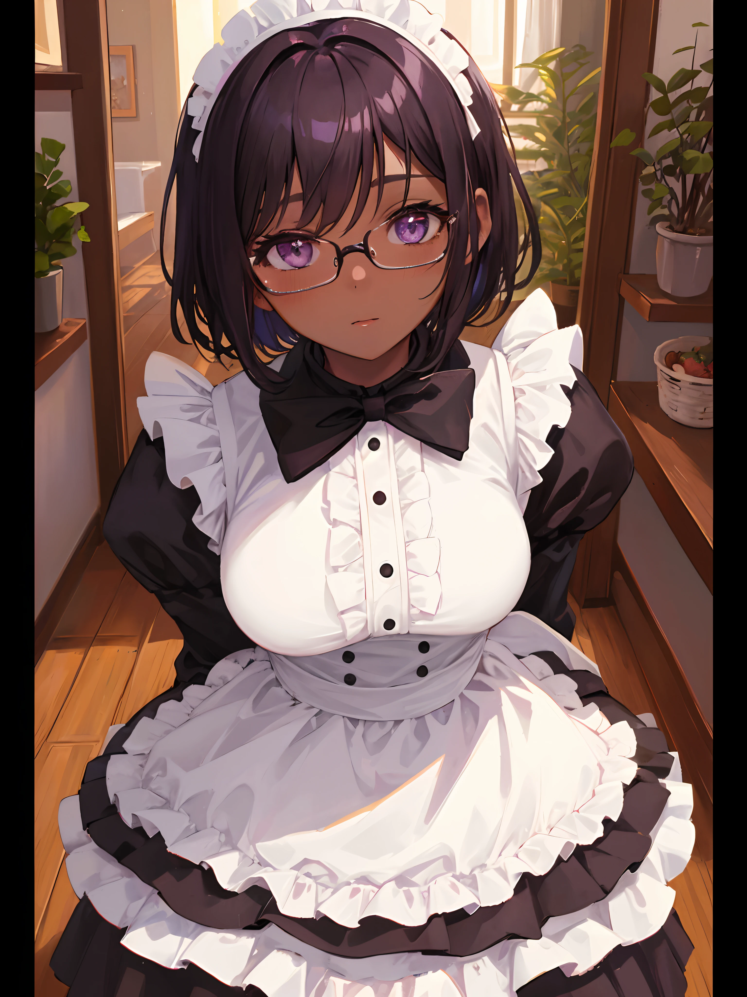 1woman, dark skin female, French maid, short hair, black hair, purple eyes, glasses, hands hidden behind back