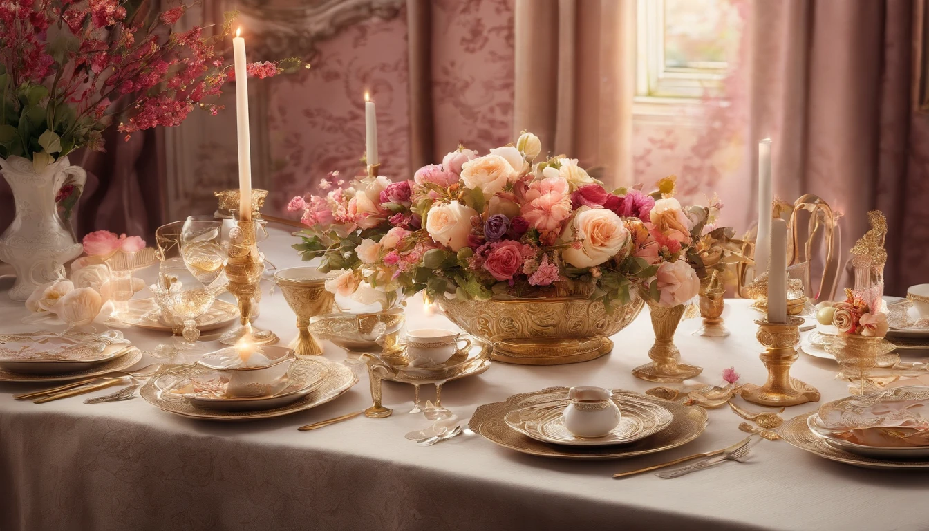 (Best quality, A high resolution, Masterpiece:1.2)French, Ultra-detailed, Surprisingly beautiful table set, Delicate flower arrangement, Natural lighting, Golden candlelight, Soft and warm color palette, Inviting atmosphere, Homely, Simple and elegant, Harmonious composition, Meticulous attention to detail, subtletextures, Tastefully furnished, Translucent glassware, Delicious fresh fruit, Crispy and juicy, Refreshing, Lovely floral scent and fruit, Exquisite porcelain dinner plate, Smooth and glossy surface, Vintage silverware, Exquisite and gorgeous design, Romantic and cozy atmosphere, Relaxing and comfortable, serenity and calm, Healthy and inviting, Elegant pleats and curtains, Rich brown color, Subtle shadows and highlights, Soft natural lighting, Soothing and peaceful atmosphere, A central ornament made of brightly colored seasonal flowers, Delicate buds and flowers, a faint fragrance in the air, The petals are beautifully arranged, Soft and natural texture, A warm and inviting color palette, Authentic and rustic elements, Crimson wine, Bubbles that surface, Candlelight reflection, glittery, Cleavage is seductive, Symbolizes abundance and vitality, A feast for the senses.in a panoramic view, deep colour, filmgrain, Chiaroscuro, Rococo style, Chiaroscuro, filmgrain, Rococo style, back lit lighting, Ray tracing, 4K, 8K, ccurate