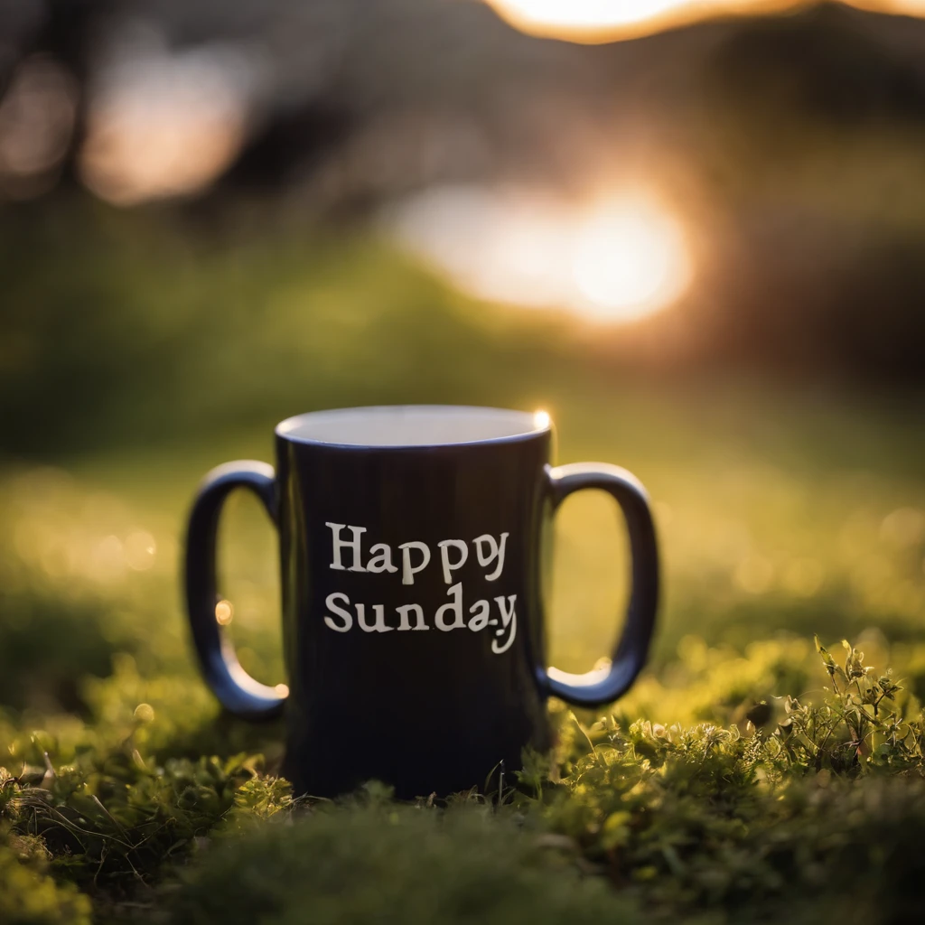 an extreme closeup shot:Delicate colored mugs,THE CUP HAS THE WORD HAPPY SUNDAY IN WHITE,Depth of field 1.8,sun light