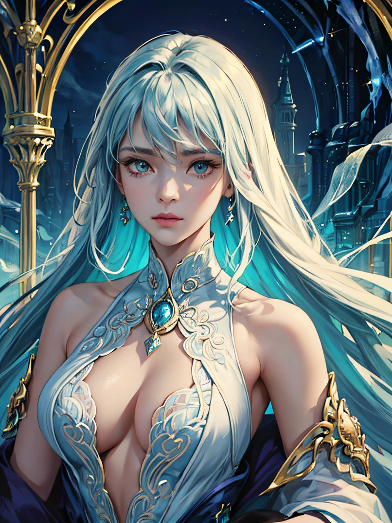 (((masterpiece)))、(((top-quality)))、((ultra-detailliert))、highly detailed CGillustration、((extremely delicate and beautiful))、Official art、portrait of a beautiful woman、4/5 shots、Cinematic Light、Exquisite beauty and captivating aesthetics、Convincing characters、Visually appealing environment、ighly detailed、Graceful and seductive figure、Graceful aura、enchanting eyes with bright colors and delicate shading、Complex facial features、Elaborate patterns that blend fantasy and contemporary fashion、Flowing fabric、Clothes with rich texture design、Breathtaking natural landscapes、Bustling futuristic cityscape、Mystical realm filled with magical elements、vivd colour、Dynamic lighting、Detailed background elements、Depth and immersion、Unique lighting effects、Creative drawing techniques、Unconventional color palette、camera: Character beauty、Depth and mood、intricate detailes、Look at viewers、A detailed face