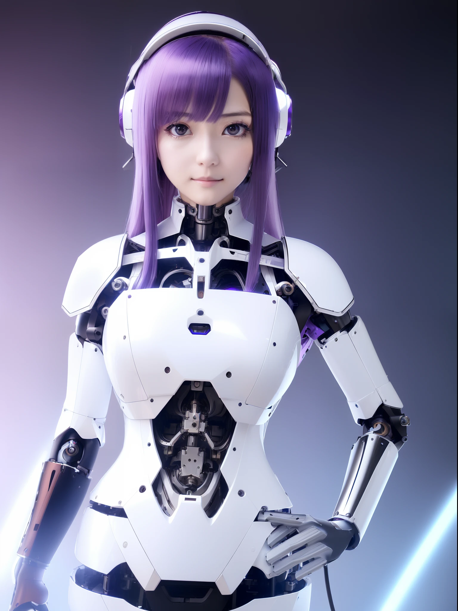 ((masutepiece)), ((top-quality)), high quarity、ultra-definition, Realistic,  fulcolor 、One beautiful nurse robot woman、Joints of machines、Frame of the machine、Thick wire joints、White porcelain mechanical armor、((Curvaceous face))、deadpan、((Electronic substrate))、Purple straight hair、Wide Shot、Cylinder neck、Headgear of the machine
