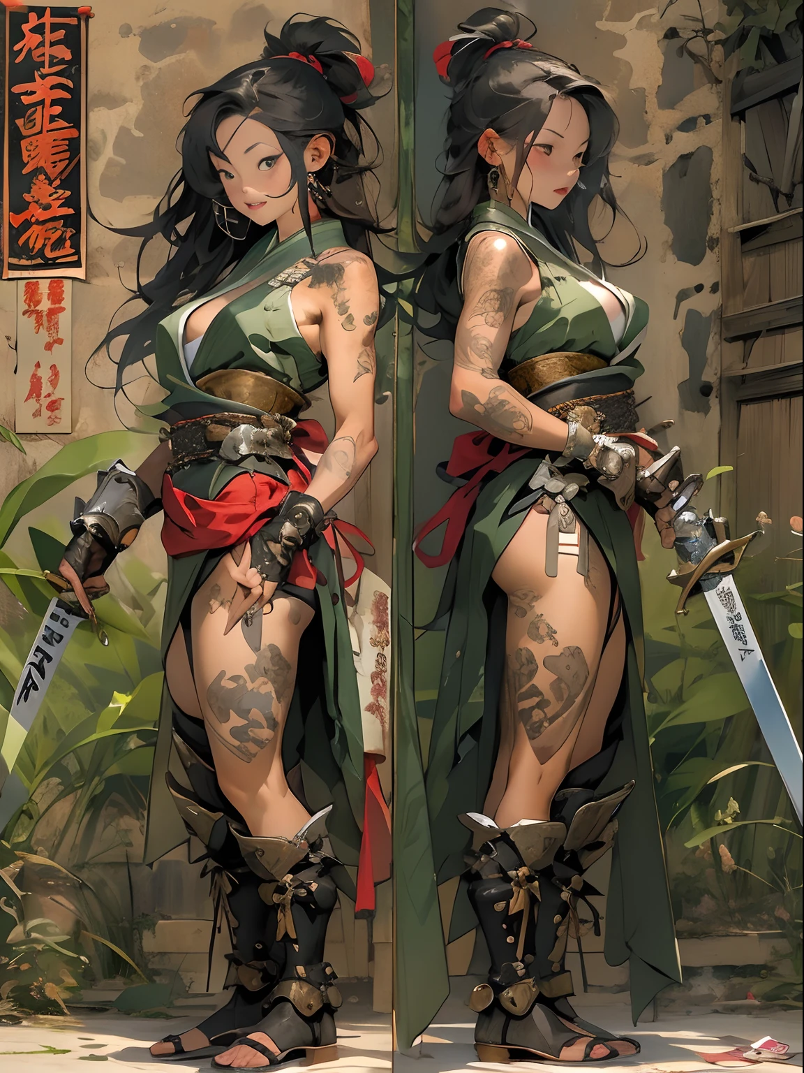 (((woman))), (((best qualityer))), (((tmasterpiece))), (((AS-Adult))), ((( Japanese ))), Look up from your knees, A beautiful asian samurai woman with perfect body, Modern samurai, ((( Asian))), Wear gloves on your hands,The left arm is made of steel and metal tips,Made of protective devices, The eyes are pulled, (( Appears below the breast )), (( Small dental floss )), Simon Bisley, Almost naked(Simon Bisley)Castle City Wilderness,For high-resolution posters, hair straight, Minimum clothing, armure (Crazy clothes ), Full of tips and rivets, tribal tattoos, (((full bodyesbian))), Straight brunette hair,Colored hair ends