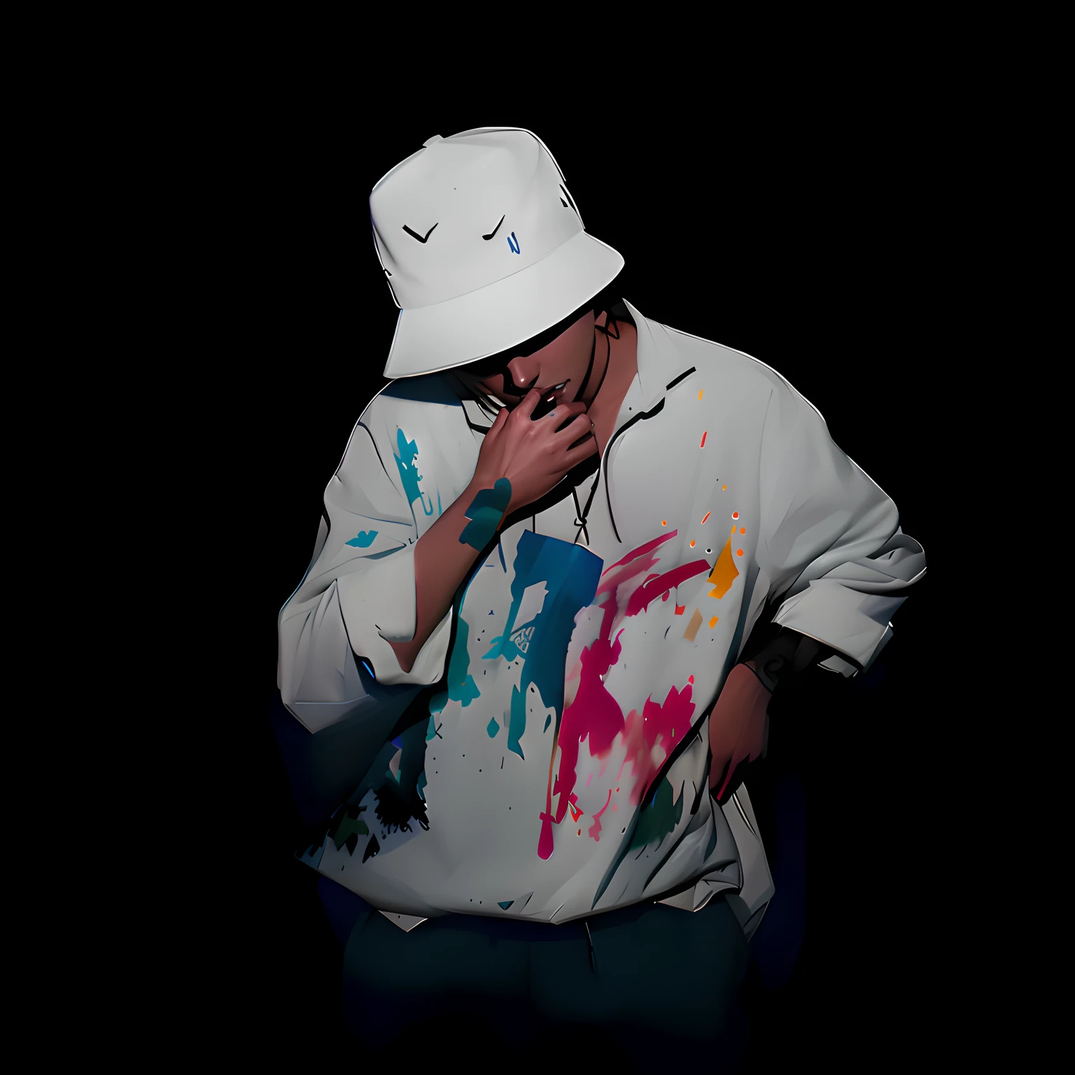 Araved man in white hat and white shirt, baggy clothing and hat, portrait of a crying ai artist, yung lean, artist wearing dirty, taken with sony alpha 9, ( ( bit flip | artificial intelligence god ) ), shot with sony alpha, Color ( sony a 7 r iv, character with a hat, bladee from drain gang