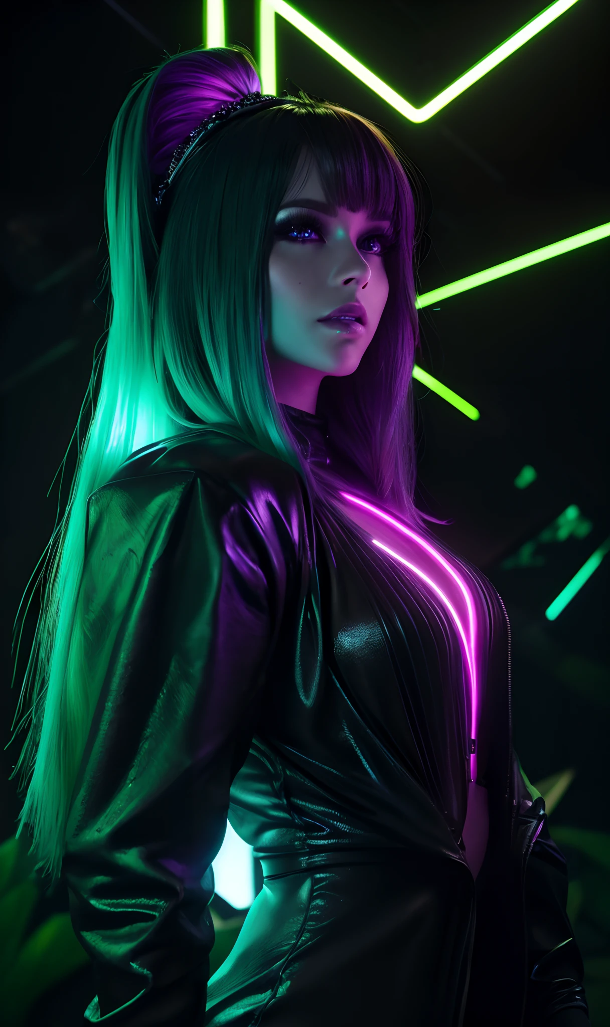 portrait | wide angle shot of eyes off to one side of frame, lucid dream-like woman, looking off in distance  | daydreampunk with glowing skin and eyes, styled in headdress, beautiful, she is dripping in neon lights, very colorful blue, green, purple, bioluminescent, glowing background | forest, vivid neon wonderland, particles, blue, green, purple| rule of thirds, golden ratio, assymetric composition, hyper- maximalist, octane render, photorealism, cinematic realism, unreal engine, 8k