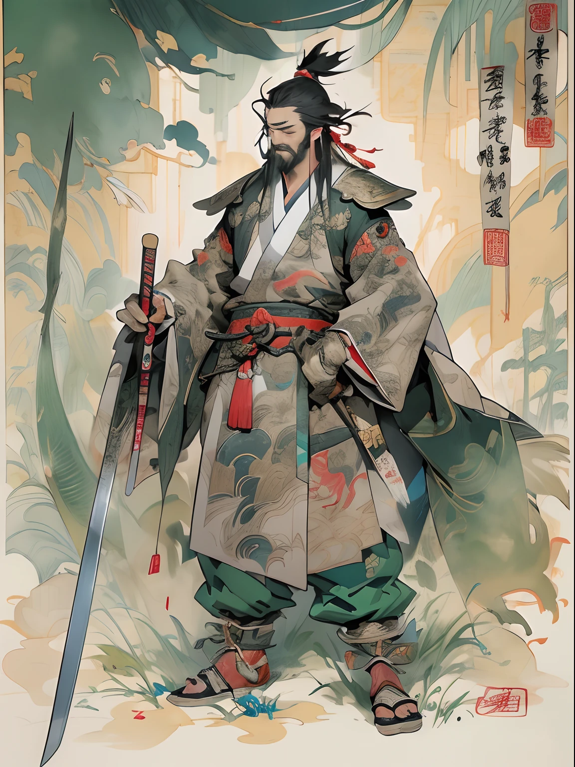 (((China-style，Ink painting method，Half-length portrait，Intense color，Han dynasty, China，Hanfu，Armor，Guan yu，Guan Yunchang，of a guy，Ruddy killing square face，Hold the Blue Dragon Moon Knife in his right hand，Stroke your beard with your left hand，Long hair，petty eyes，Green robe))), (((best qualityer))), (((tmasterpiece))), (((AS-Adult))), ((( Japanese ))), Look up from your knees, Handsome Asian samurai，perfect body figure, Modern samurai, ((( Asian))), Wear gloves on your hands，The left arm is made of steel and metal tips，Made of protective devices, The eyes are pulled, (( Appears below the chest )), (( Small dental floss )), Simon Bisley, Almost naked（Simon Bisley）Castle City Wilderness，For high-resolution posters, hair straight, Minimum clothing, armure (Crazy clothes ), Full of tips and rivets, tribal tattoos, (((full bodyesbian))), Straight brunette hair，Colored hair ends