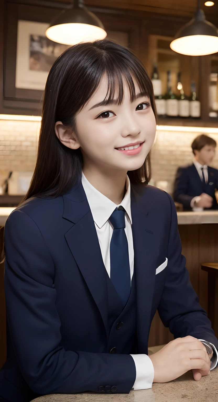 (top-quality、masterpiece:1.2)、Best Quality、realisitic、photoshot、hight resolution、1080p、8K、Textured skin、Physical Rendering、1 Japan Girls、a junior high school student、kawaii、Young Face、Rolled hair、(Suits:1.5)、Sit at the bar counter、full of shyness、smil、Big