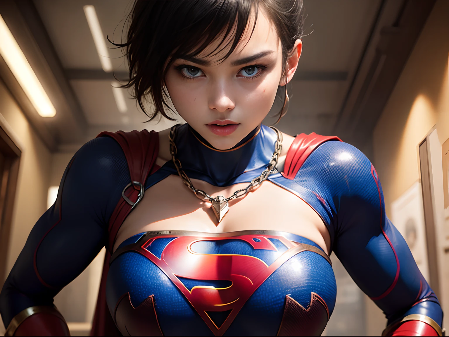 masterpiece、Short-haired Supergirl fell into a quagmire、large full breasts、Looking at the camera、Glossy costume、Crotch、Mud stains、