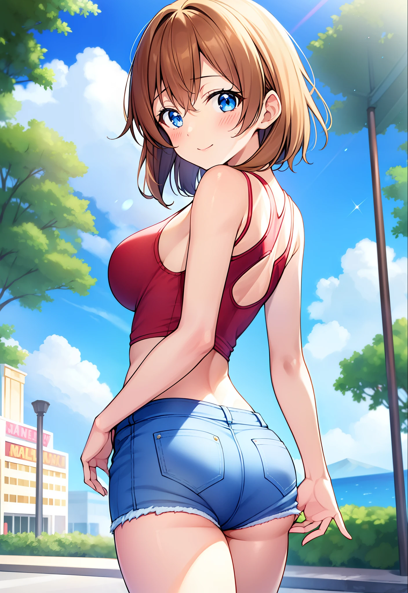 Kousaka honoka, blue eyes, best quality, masterpiece, upper body, standing, solo focus, short hair, medium breasts, one-piece_tan, tan, t-shirt, denim jeans, looking at viewer, mall, (blush:1.2), happy, from behind,ass