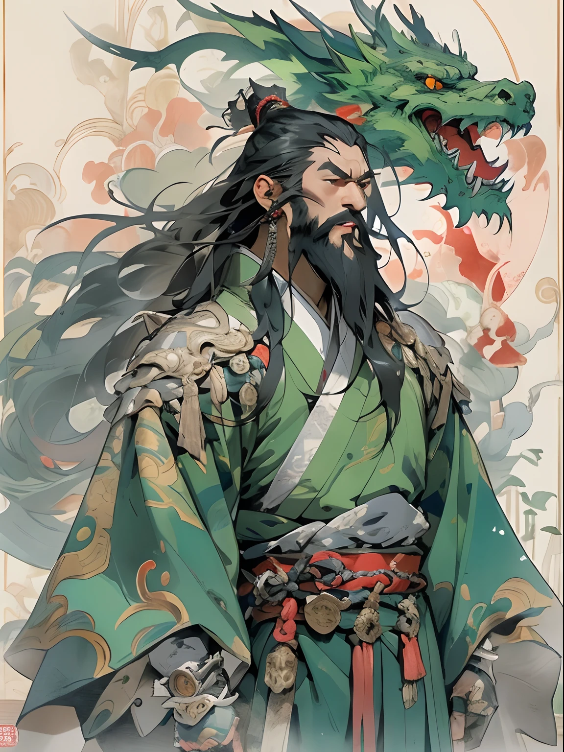 (((China-style，Ink painting method，Half-length portrait，Intense color，Han dynasty, China，Hanfu，Armor，Guan yu，Guan Yunchang，of a guy，Ruddy killing square face，Hold the Blue Dragon Moon Knife in his right hand，Stroke your beard with your left hand，Long hair，petty eyes，Green robe))), (((best qualityer))), (((tmasterpiece))), (((AS-Adult))), ((( Japanese ))), Look up from your knees, Handsome Asian samurai，perfect body figure, Modern samurai, ((( Asian))), Wear gloves on your hands，The left arm is made of steel and metal tips，Made of protective devices, The eyes are pulled, (( Appears below the chest )), (( Small dental floss )), Simon Bisley, Almost ?????（Simon Bisley）Castle City Wilderness，For high-resolution posters, hair straight, Minimum clothing, armure (Crazy clothes ), Full of tips and rivets, tribal tattoos, (((full bodyesbian))), Straight brunette hair，Colored hair ends