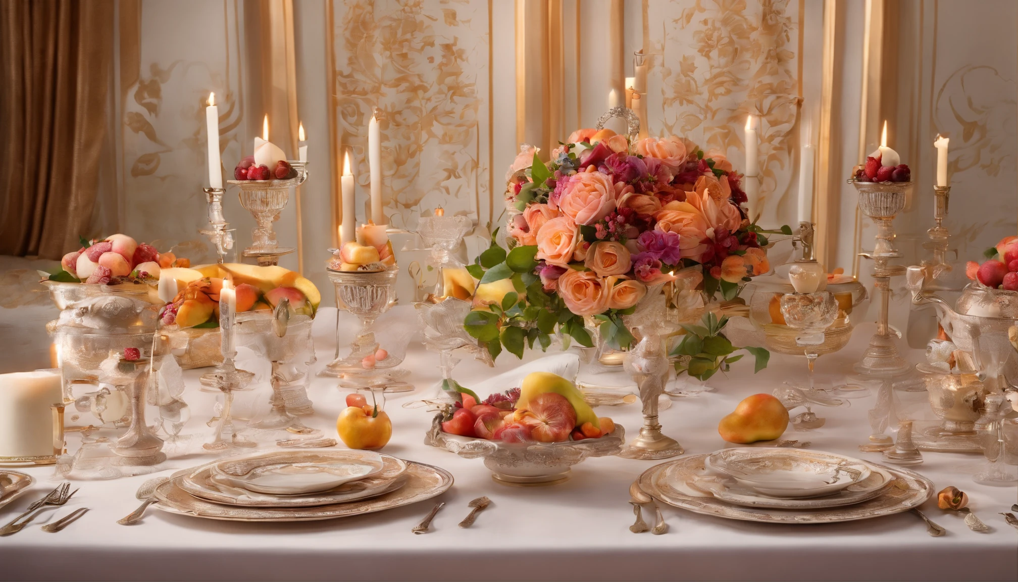 (Best quality, A high resolution, Masterpiece:1.2)French, Ultra-detailed, Surprisingly beautiful table set, Delicate flower arrangement, Natural lighting, Golden candlelight, Soft and warm color palette, Inviting atmosphere, Homely, Simple and elegant, Harmonious composition, Meticulous attention to detail, subtletextures, Tastefully furnished, Translucent glassware, Delicious fresh fruit, Crispy and juicy, Refreshing, Lovely floral scent and fruit, Exquisite porcelain dinner plate, Smooth and glossy surface, Vintage silverware, Exquisite and gorgeous design, Romantic and cozy atmosphere, Relaxing and comfortable, serenity and calm, Healthy and inviting, Elegant pleats and curtains, Rich brown color, Subtle shadows and highlights, Soft natural lighting, Soothing and peaceful atmosphere, A central ornament made of brightly colored seasonal flowers, Delicate buds and flowers, a faint fragrance in the air, The petals are beautifully arranged, Soft and natural texture, A warm and inviting color palette, Authentic and rustic elements, Crimson wine, Bubbles that surface, Candlelight reflection, glittery, Cleavage is seductive, Symbolizes abundance and vitality, A feast for the senses.in a panoramic view, deep colour, filmgrain, Chiaroscuro, Rococo style, Chiaroscuro, filmgrain, Rococo style, back lit lighting, Ray tracing, 4K, 8K, ccurate
