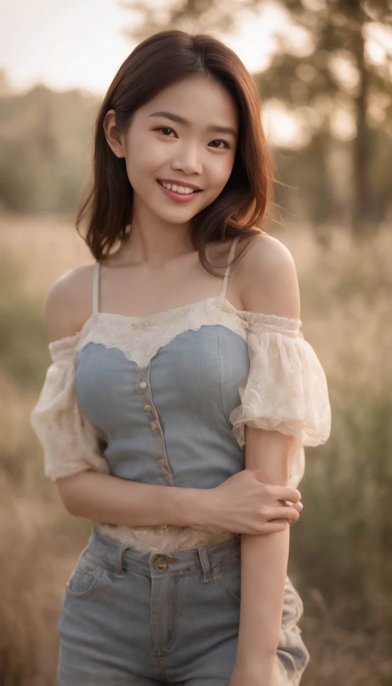 1 young asian girl standing in fron, smile,A happy look on her face,Showing fangs,cowboy lens,Cinematic lighting effects, bare shoulders, bare legs, 4k, 8k, high-res, facing camera, full body with bare legs on mini jupe
