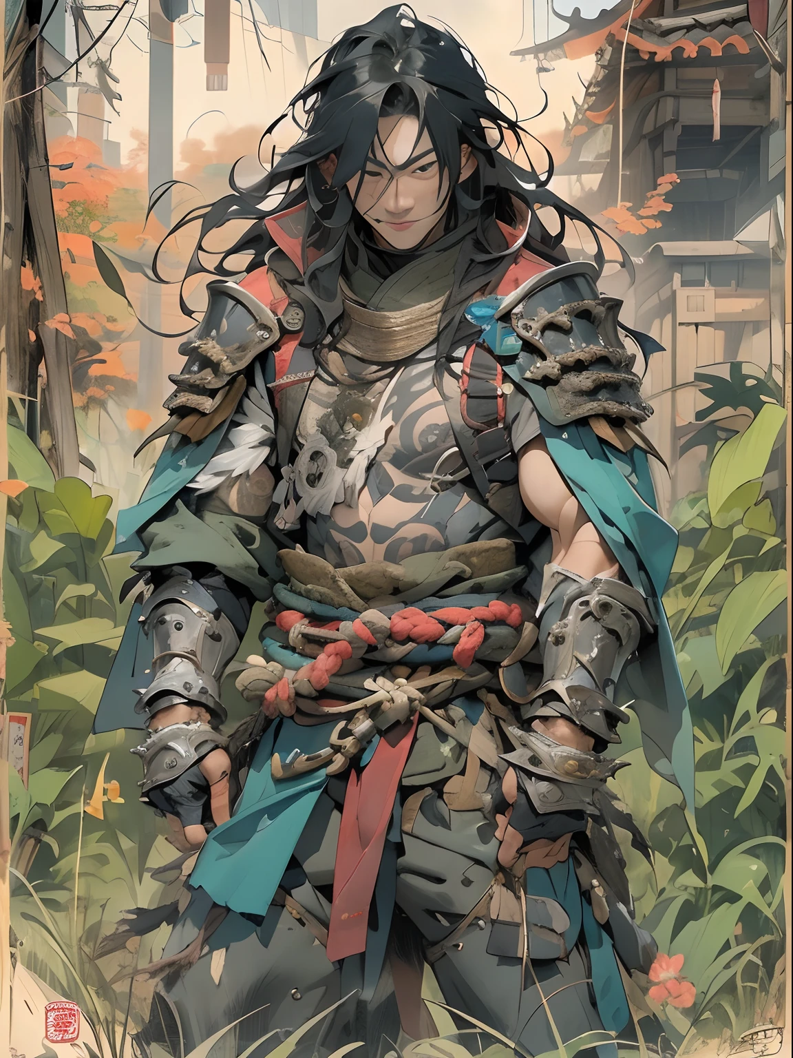 (((mtu))), (((best qualityer))), (((tmasterpiece))), (((AS-Adult))), ((( Japanese ))), Look up from your knees, Handsome Asian samurai,perfect body figure, Modern samurai, ((( Asian))), Wear gloves on your hands,The left arm is made of steel and metal tips,Made of protective devices, The eyes are pulled, (( Appears below the chest )), (( Small dental floss )), Simon Bisley, Almost naked(Simon Bisley)Castle City Wilderness,For high-resolution posters, hair straight, Minimum clothing, armure (Crazy clothes ), Full of tips and rivets, tribal tattoos, (((full bodyesbian))), Straight brunette hair,Colored hair ends