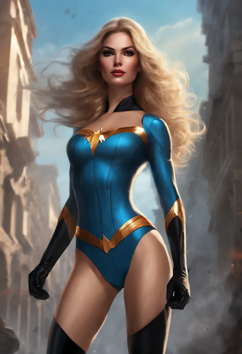 (1girl, futanari, erection under clothes, large , bulge, bulge:1. 3), masterpiece, best quality, (extremely detailed CG unity 8k wallpaper, masterpiece, best quality, ultra-detailed, best shadow), (chromatic aberration), (disheveled hair), (detailed background), (beautiful detailed face, beautiful detailed eyes), High contrast, (best illumination, an extremely delicate and beautiful), (beautiful detailed girl:1. 1), (anime girl:1. 5), (ultra-detailed), ((Woman superhero fighting villain in the air, destroyed city, solemn expression, explosive effect, Impressionist painting style emphasizing the movement and dynamic action, The woman superhero has long flowing hair and a superhero costume , light blue leotard, light blue boots, light blue gloves, belt , black legging, ((leotard top legging)), The villain has a menacing appearance with sharp features and a dark costume, Buildings and debris are crumbling around them as they fight in the air, The woman superhero is wielding a powerful weapon or using her unique superpowers in the battle, The cityscape in the background is dark and smoky, with flames and smoke rising from the destruction, The woman superhero has a look of determination on her face as she fights to protect the city and its inhabitants, The villain is laughing maniacally, reveling in the chaos and destruction hes causing, The explosive effects from their fight create bursts of light and color that illuminate the scene. )), ((caustic)), dynamic angle, beautiful detailed glow, girl, futanari