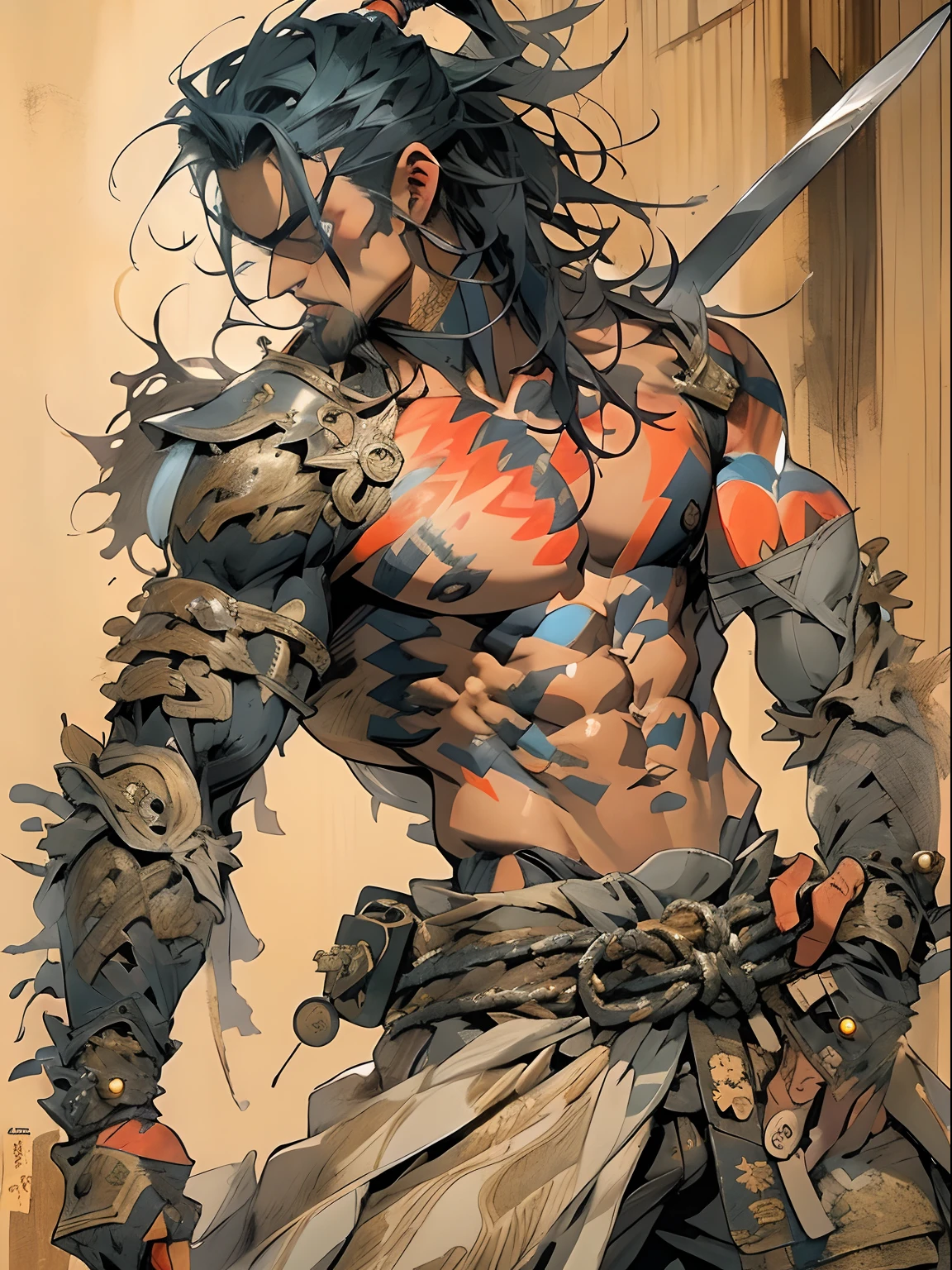 (((mtu))), (((best qualityer))), (((tmasterpiece))), (((AS-Adult))), ((( Japanese ))), Look up from your knees, Handsome Asian samurai,perfect body figure, Modern samurai, ((( Asian))), Wear gloves on your hands,The left arm is made of steel and metal tips,Made of protective devices, The eyes are pulled, (( Appears below the chest )), (( Small dental floss )), Simon Bisley, Almost naked(Simon Bisley)Castle City Wilderness,For high-resolution posters, hair straight, Minimum clothing, armure (Crazy clothes ), Full of tips and rivets, tribal tattoos, (((full bodyesbian))), Straight brunette hair,Colored hair ends