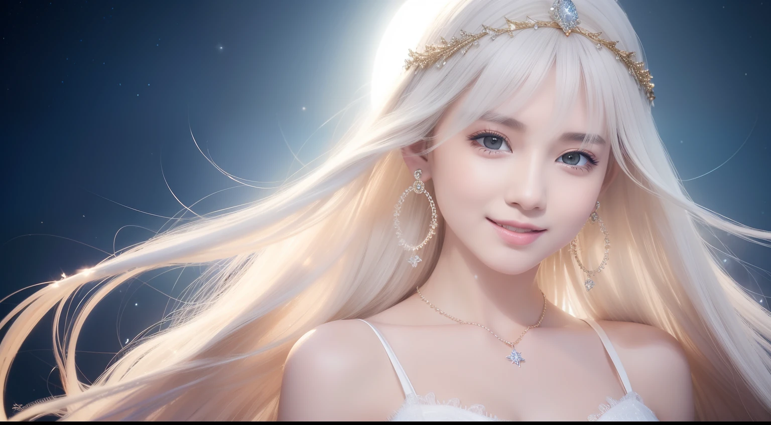 girl, Solo, Dressed like a goddess, white robes, Floating hair, Medium Hair, Star hair ornament, Crescent Earrings, A smile, Mouth closed, shores, depth of fields, masutepiece, Super Detail, High quality, awardwinning, hight resolution, 8K