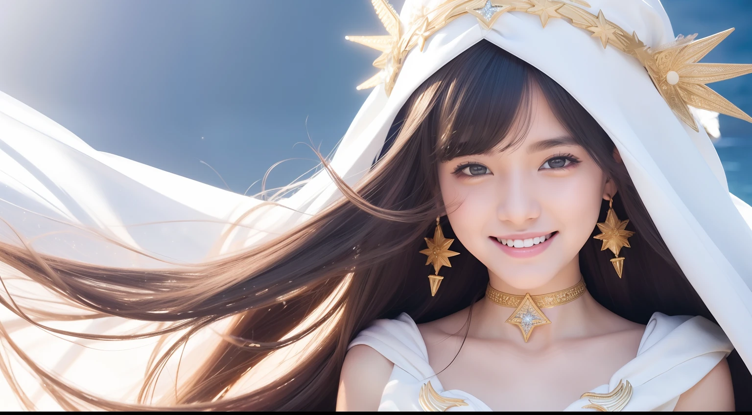 girl, Solo, Dressed like a goddess, white robes, Floating hair, Medium Hair, Star hair ornament, Crescent Earrings, A smile, Mouth closed, shores, depth of fields, masutepiece, Super Detail, High quality, awardwinning, hight resolution, 8K
