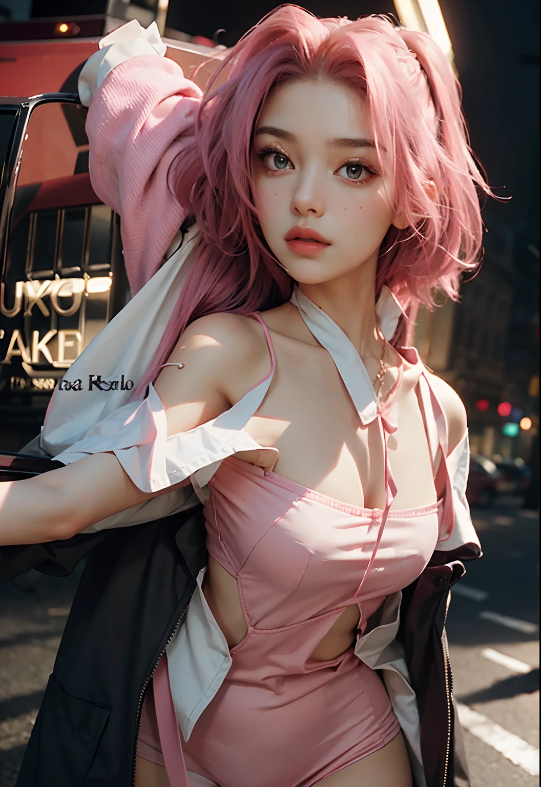 Black Pink ,Girl blouse Regatta with pink hair green eyes and a green , in the background Japanese city at night,next to a Lamborghini