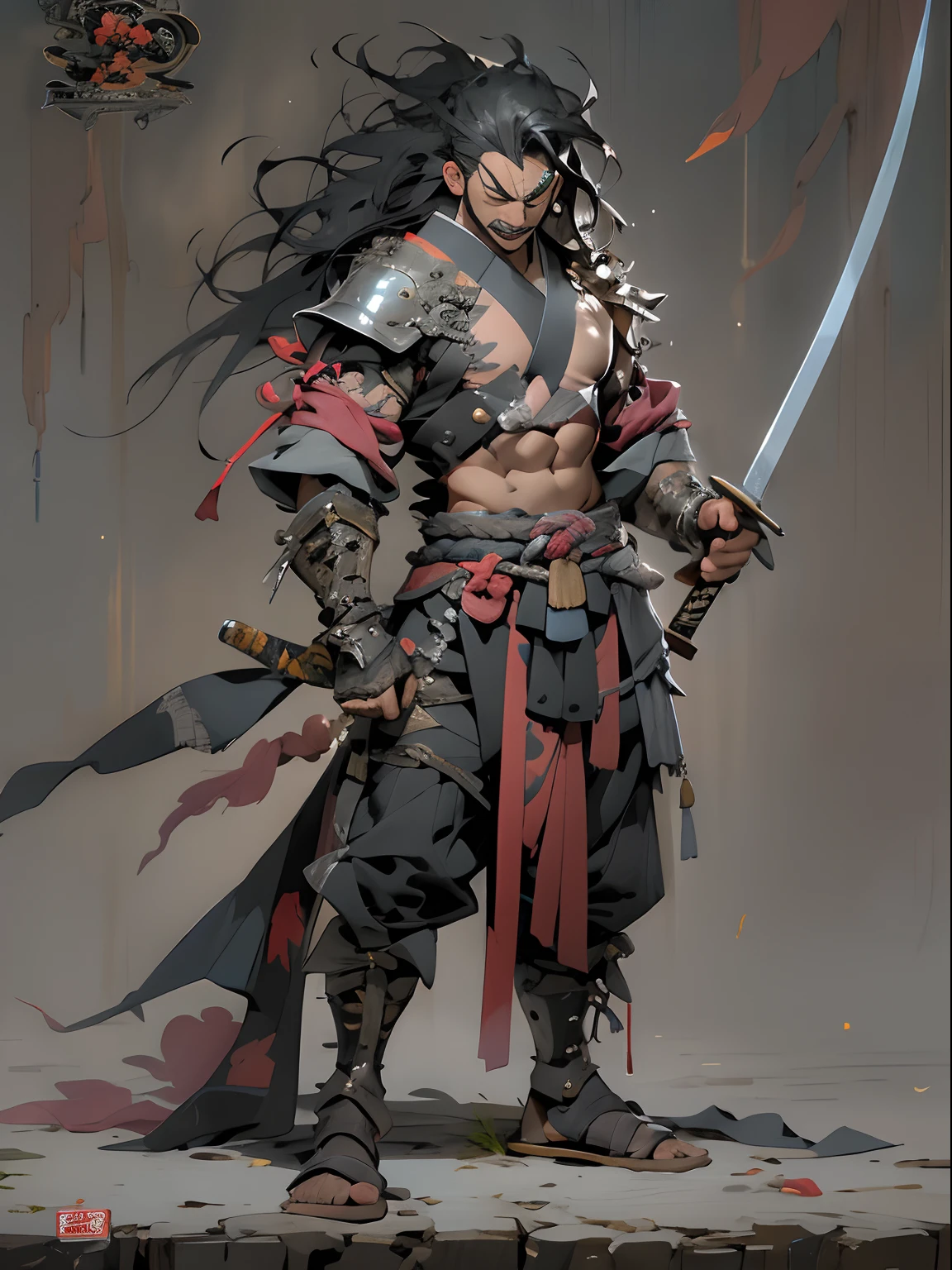 (((mtu))), (((best qualityer))), (((tmasterpiece))), (((AS-Adult))), ((( Japanese ))), Look up from your knees, Handsome Asian samurai，perfect body figure, Modern samurai, ((( Asian))), Wear gloves on your hands，The left arm is made of steel and metal tips，Made of protective devices, The eyes are pulled, (( Appears below the chest )), (( Small dental floss )), Simon Bisley, Almost naked（Simon Bisley）Castle City Wilderness，For high-resolution posters, hair straight, Minimum clothing, armure (Crazy clothes ), Full of tips and rivets, tribal tattoos, (((full bodyesbian))), Straight brunette hair，Colored hair ends