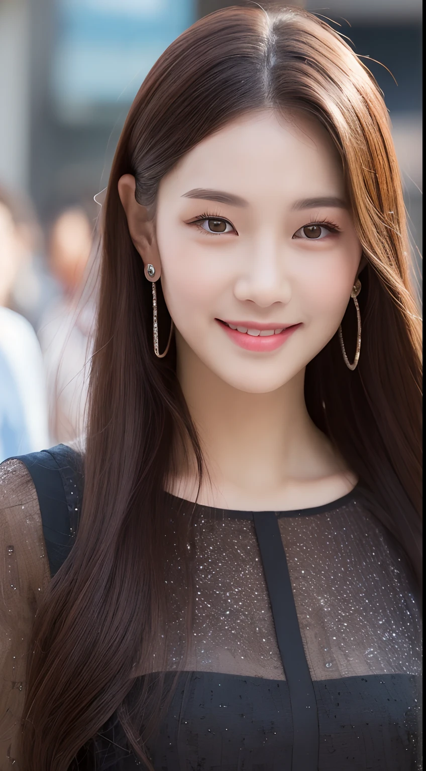 ((Best quality, 8k, Masterpiece :1.3)), 1girl, smiling, full body, slim face, Pretty woman, (Dark brown hair), full length dress :1.1, Ultra-detailed face, Detailed eyes, Double eyelid, blur background, slim face, city, outside, street,