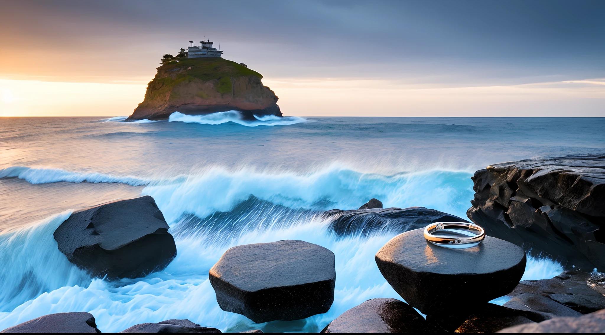 a pair of rings on top of a rock in the sea, sea waves hitting the rock