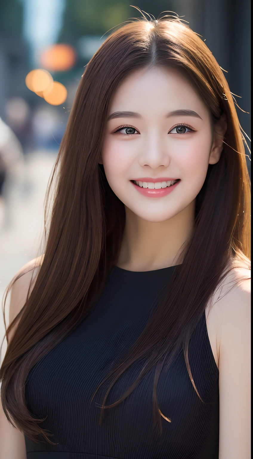 ((Best quality, 8k, Masterpiece :1.3)), 1girl, smiling, full body, slim face, Pretty woman, (Dark brown hair), full length dress :1.1, Ultra-detailed face, Detailed eyes, Double eyelid, blur background, slim face, city, outside, street,