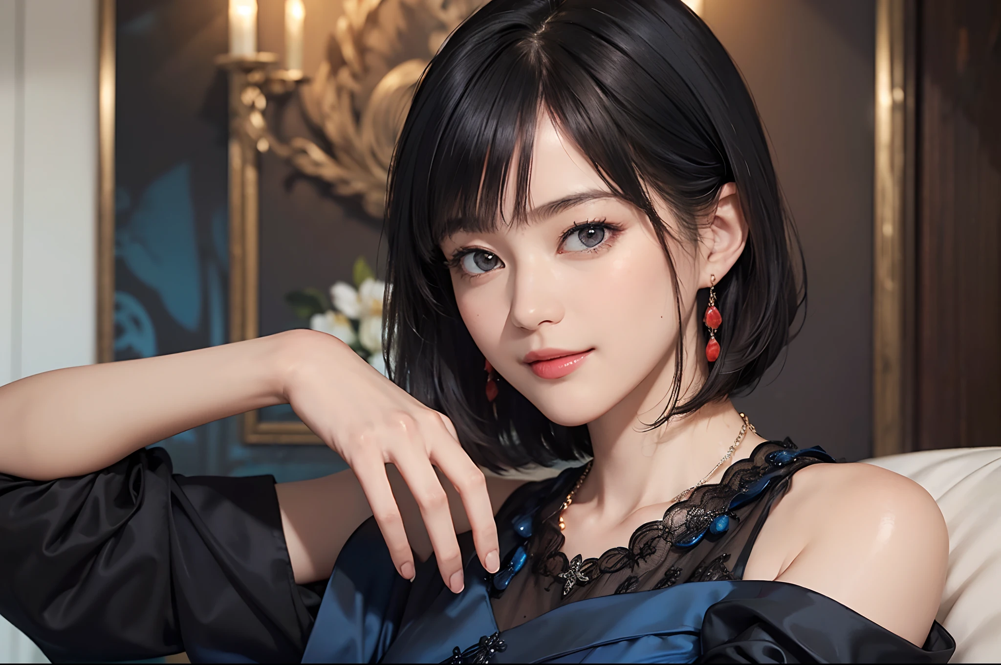 ((1womanl)),  (((Black Shorthair))), （masuter piece：1,2）、top-quality、​masterpiece、hight resolution、Original、highly detailed wallpaper、dress code、Luxurious necklace, A slight smil、a small face、(Breast)、(Red or blue dress)、Live-action style