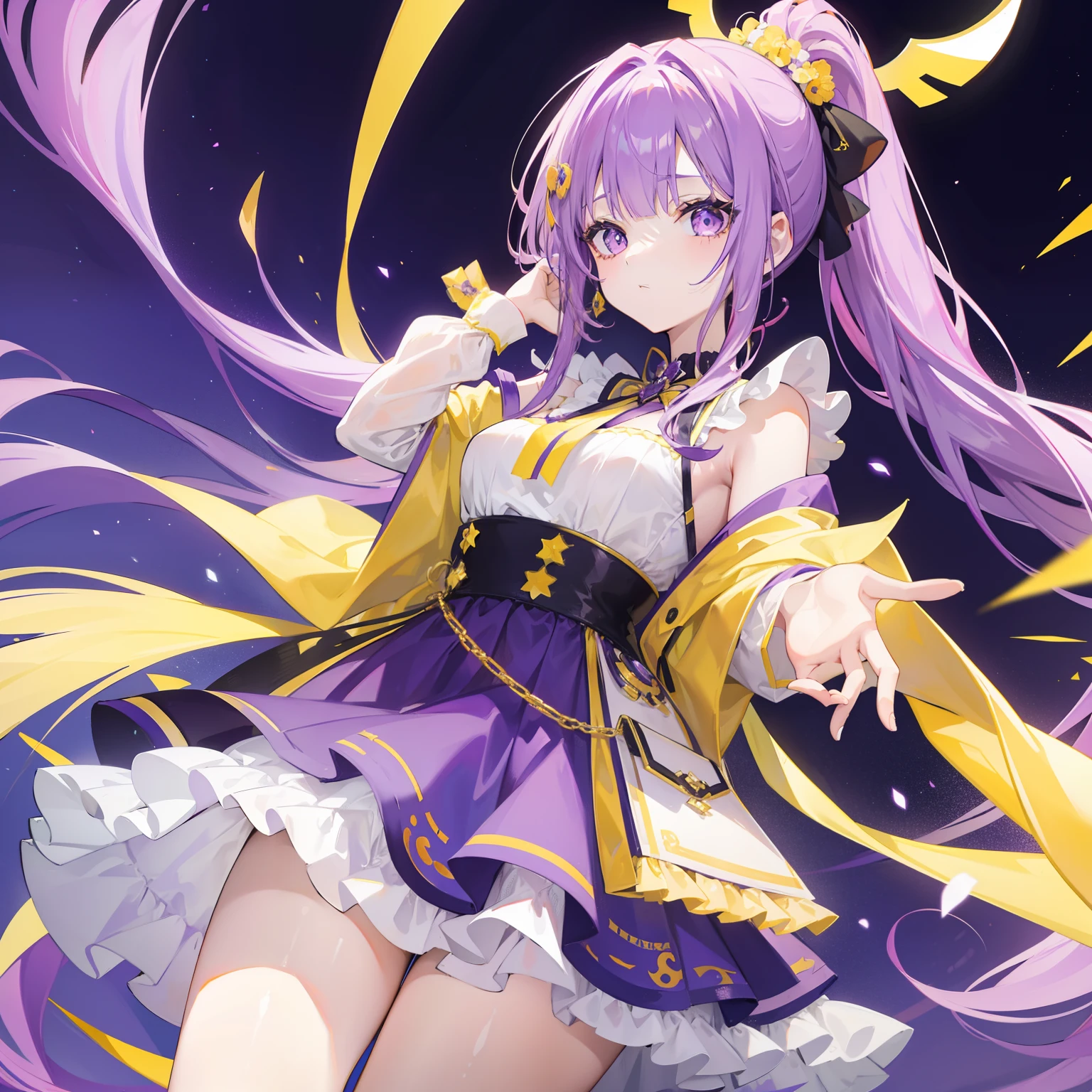 Long purple and yellow bangs,Energetic high ponytail hair,A simple dress with purple, yellow and white accessories,A cute and lively beautiful girl with a very attractive charm