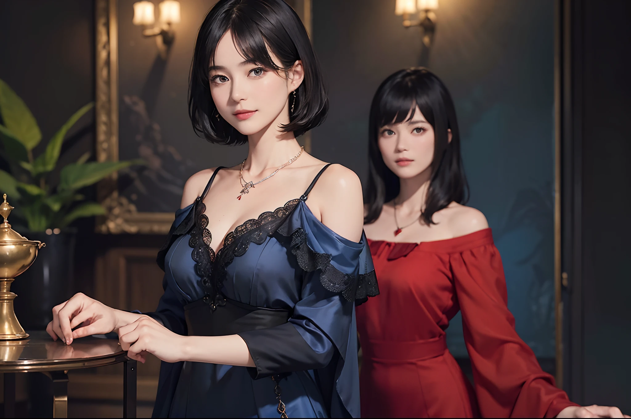 ((1womanl)), (((Black shorthair))), (masuter piece:1,2)、top-quality、masterpiece、hight resolution、original、highly detailed wallpaper、pubic hair beauty、dress code、Luxurious necklace, A slight smil、Small face、(breast)、Vivid color dresses、Live-action style