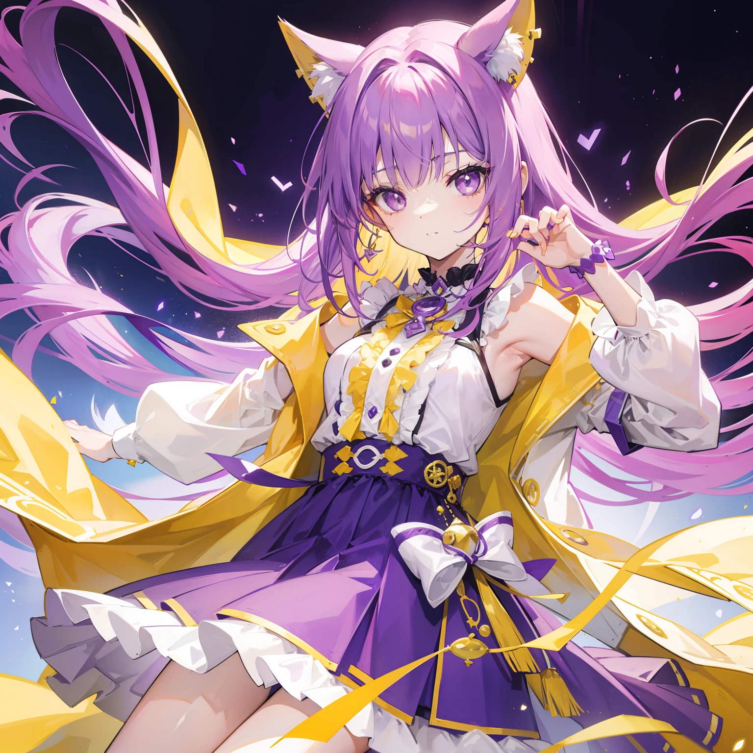 Long purple and yellow bangs,Energetic high ponytailed hair,Simple dress in purple, Yellow and white accessories,A cute and lively beautiful girl,The charm was very tempting