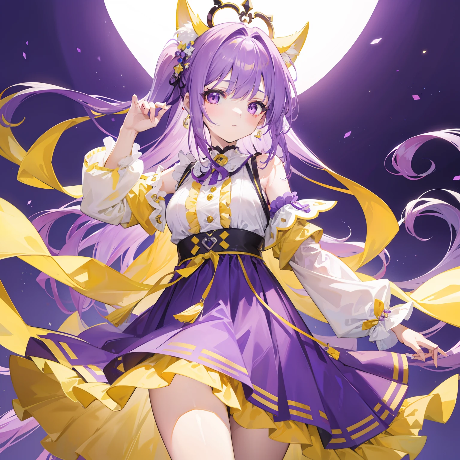 Long purple and yellow bangs,Energetic high ponytailed hair,Simple dress in purple, Yellow and white accessories,A cute and lively beautiful girl,The charm was very tempting