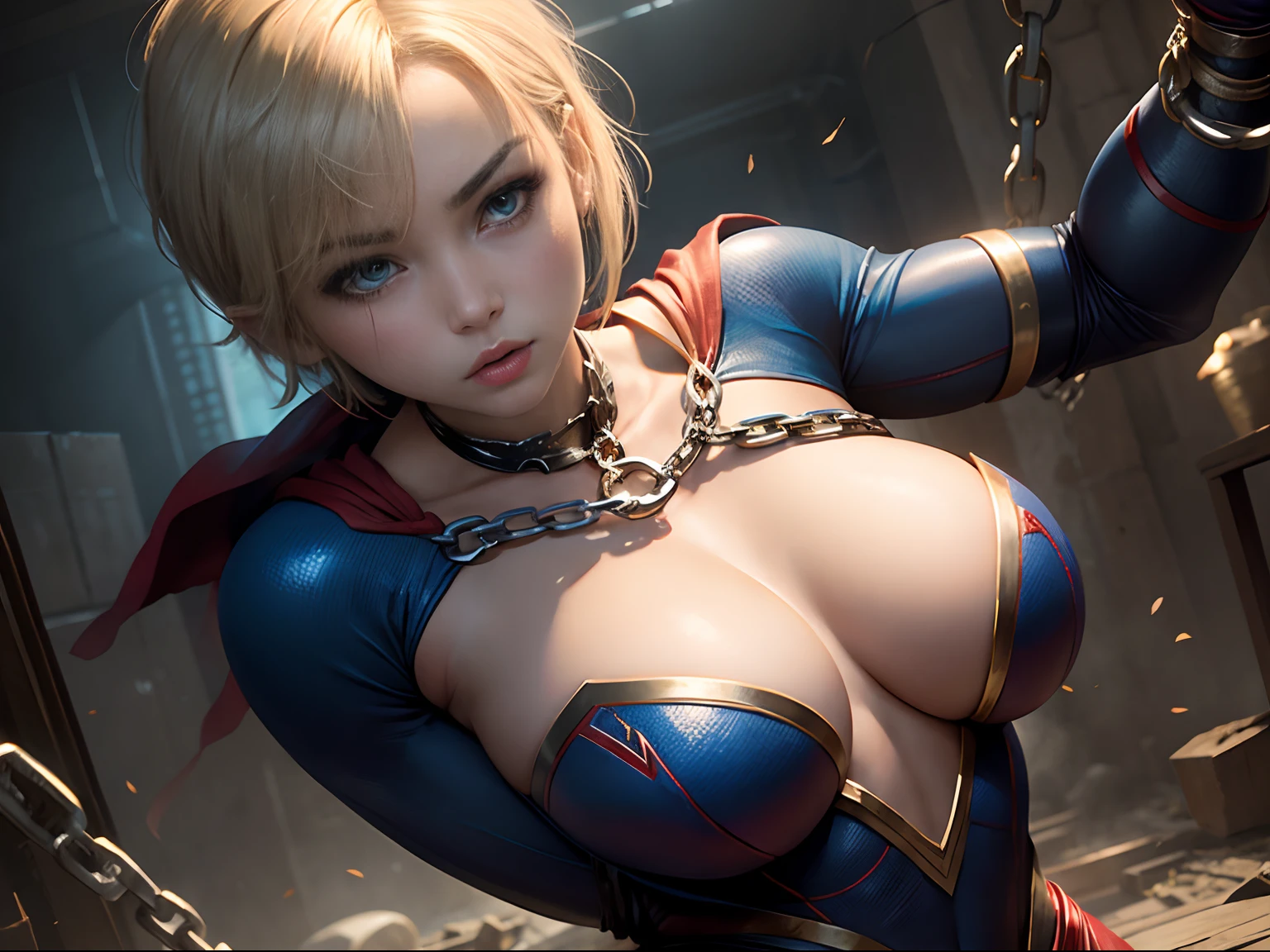 masterpiece、Short-haired Supergirl in chains、large full breasts、Looking at the camera、Glossy costume、Tattered costume、Injury、Injury
