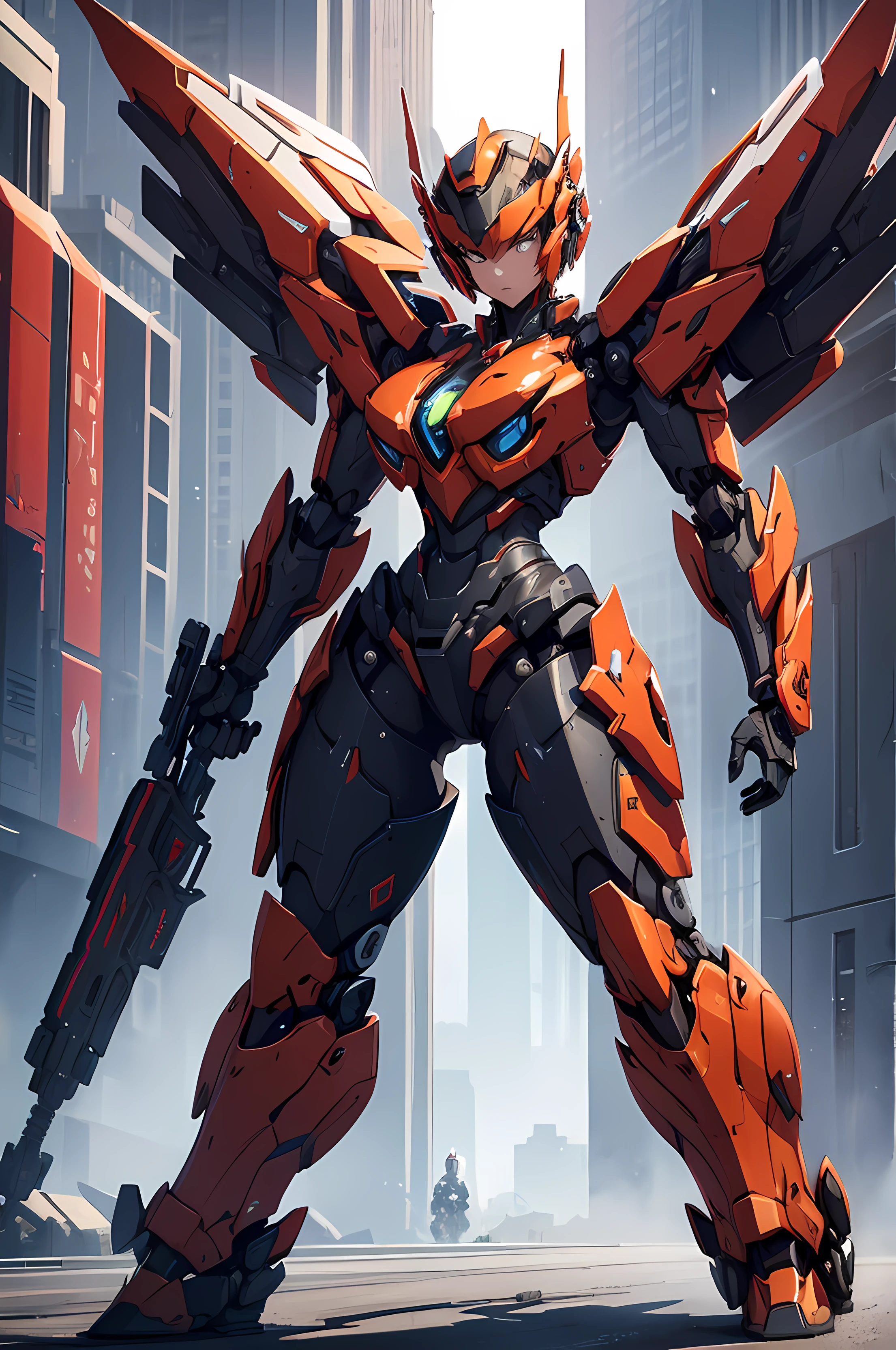 A beautiful Women, ( body armor), ((full body frame)), solemn, royal, sci-fi, mecha, battle pose, mecha robot, robot, machine, red details, ornament, ((extremely detail))