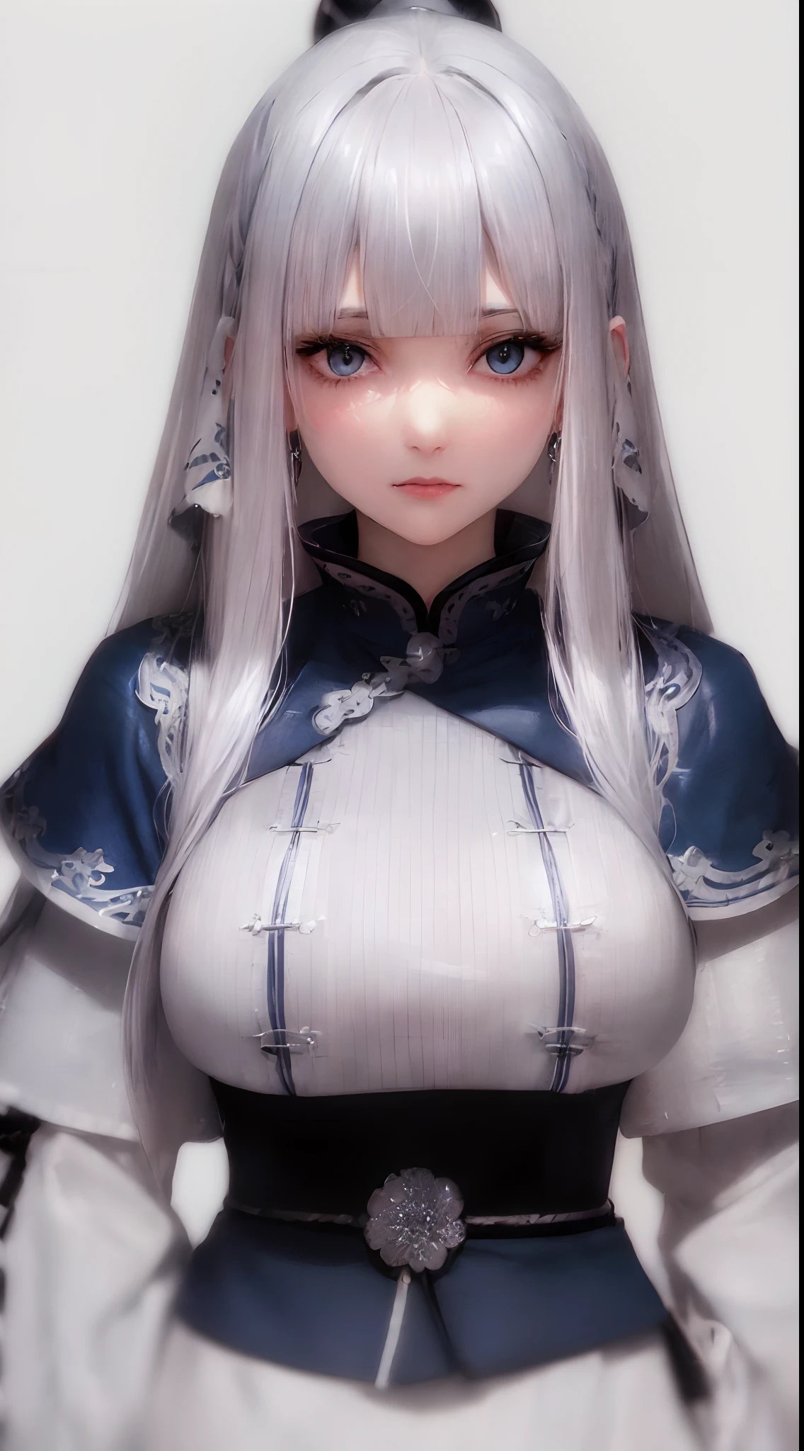 (((silber hair、Cowboy Shot、Upper body、 upper body closeup、Portrait、looking in camera)))、[monochromes:Subdued Color:2.6] theme, (masutepiece), (Best Quality), , Light Layer, Lustrous skin, (intricate-detail , taut clothes, ),  White hair, hime-cut, Blunt bangs、Blue eyes、 30s、(maturefemale)、((waiters、woman samurai、Beautiful breasts))、symmetry、Thick lip、Lustrous lips、Tall lady、Standing Pose、white backgrounid、simple background、Single-color background、femele１a person、