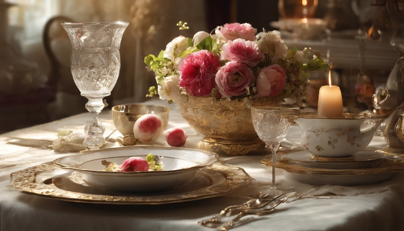 (Best quality, A high resolution, Masterpiece:1.2)French, Ultra-detailed, Surprisingly beautiful table set, Delicate flower arrangement, Natural lighting, Golden candlelight, Soft and warm color palette, Inviting atmosphere, Homely, Simple and elegant, Harmonious composition, Meticulous attention to detail, subtletextures, Tastefully furnished, Translucent glassware, Delicious fresh fruit, Crispy and juicy, Refreshing, Lovely floral scent and fruit, Exquisite porcelain dinner plate, Smooth and glossy surface, Vintage silverware, Exquisite and gorgeous design, Romantic and cozy atmosphere, Relaxing and comfortable, serenity and calm, Healthy and inviting, Elegant pleats and curtains, Rich brown color, Subtle shadows and highlights, Soft natural lighting, Soothing and peaceful atmosphere, A central ornament made of brightly colored seasonal flowers, Delicate buds and flowers, a faint fragrance in the air, The petals are beautifully arranged, Soft and natural texture, A warm and inviting color palette, Authentic and rustic elements, Crimson wine, Bubbles that surface, Candlelight reflection, glittery, Cleavage is seductive, Symbolizes abundance and vitality, A feast for the senses.in a panoramic view, deep colour, filmgrain, Chiaroscuro, Rococo style, Chiaroscuro, filmgrain, Rococo style, back lit lighting, Ray tracing, 4K, 8K, ccurate