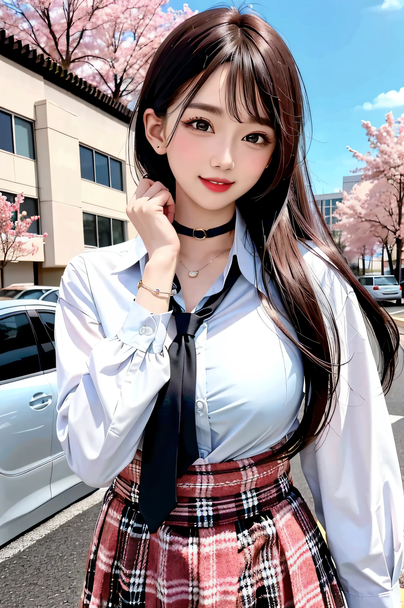 masterpiece, best quality, full body, 1girl, bangs, black choker, black necktie, black hair, blue skirt, blush, bracelet, breasts, choker, clothes around waist, collarbone, collared shirt, cowboy shot, dress shirt, ear piercing, eyebrows visible through hair, gradient hair, grin, gyaru, jewelry, kogal, long hair, looking at viewer, loose necktie, necktie, piercing, plaid, plaid skirt, pleated skirt, red eyes, ring, school uniform, shirt, skirt, smile, solo, white shirt, street, sky, cherry blossoms, petals,illustration, (magazine:1.3), (cover-style:1.3), fashionable, woman, vibrant, outfit, posing, front, colorful, dynamic, background, elements, confident, expression, holding, statement, accessory, majestic, coiled, around, touch, scene, text, cover, bold, attention-grabbing, title, stylish, font, catchy, headline, larger, striking, modern, trendy, focus, fashion,