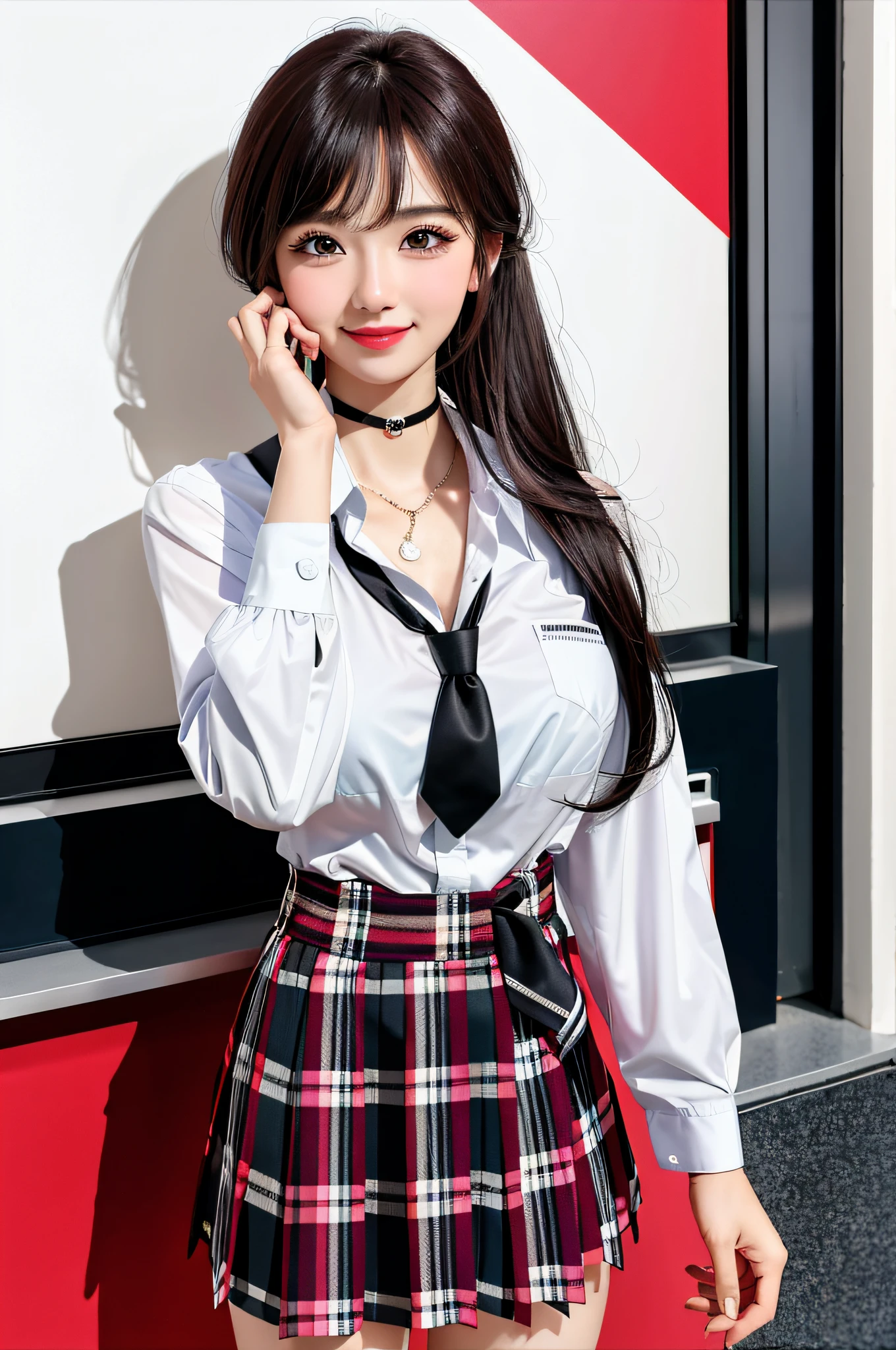 masterpiece, best quality, full body, 1girl, bangs, black choker, black necktie, black hair, blue skirt, blush, bracelet, breasts, choker, clothes around waist, collarbone, collared shirt, cowboy shot, dress shirt, ear piercing, eyebrows visible through hair, gradient hair, grin, gyaru, jewelry, kogal, long hair, looking at viewer, loose necktie, necktie, piercing, plaid, plaid skirt, pleated skirt, red eyes, ring, school uniform, shirt, skirt, smile, solo, white shirt, street, sky, cherry blossoms, petals,illustration, (magazine:1.3), (cover-style:1.3), fashionable, woman, vibrant, outfit, posing, front, colorful, dynamic, background, elements, confident, expression, holding, statement, accessory, majestic, coiled, around, touch, scene, text, cover, bold, attention-grabbing, title, stylish, font, catchy, headline, larger, striking, modern, trendy, focus, fashion,