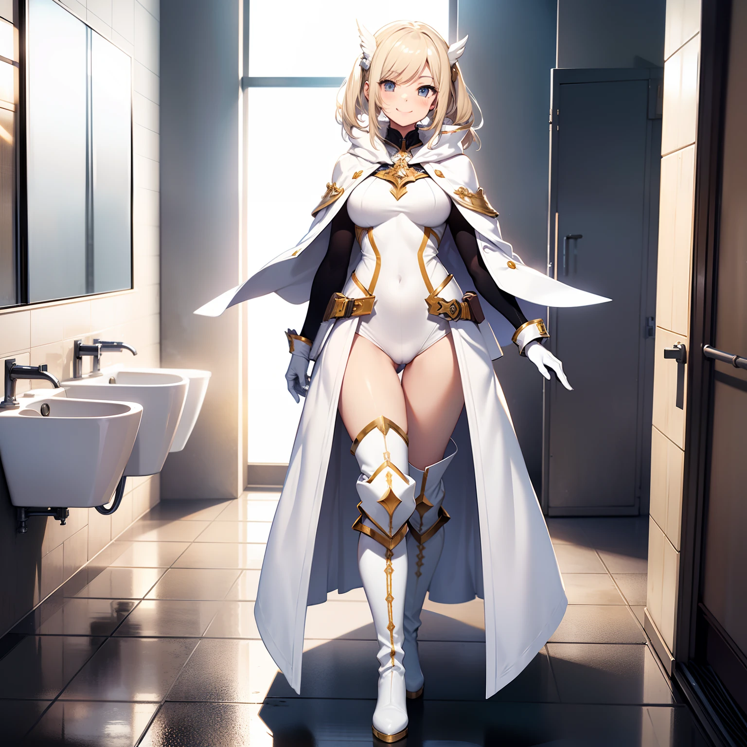 Transformation Heroine　white  leotard　White long boots　White Long Gloves　White cloak　Gold decoration　justice　poneyTail　a blond　Sleeveless　A smile with shame　Western Boots　Standing on one knee　Opening legs　Long boots below the knee　Raw feet　　Thigh legs　 　public restroom　Toilet room　Toilets　Private　White bowel movement　white　Dark underhair　　White liquor　Open your crotch