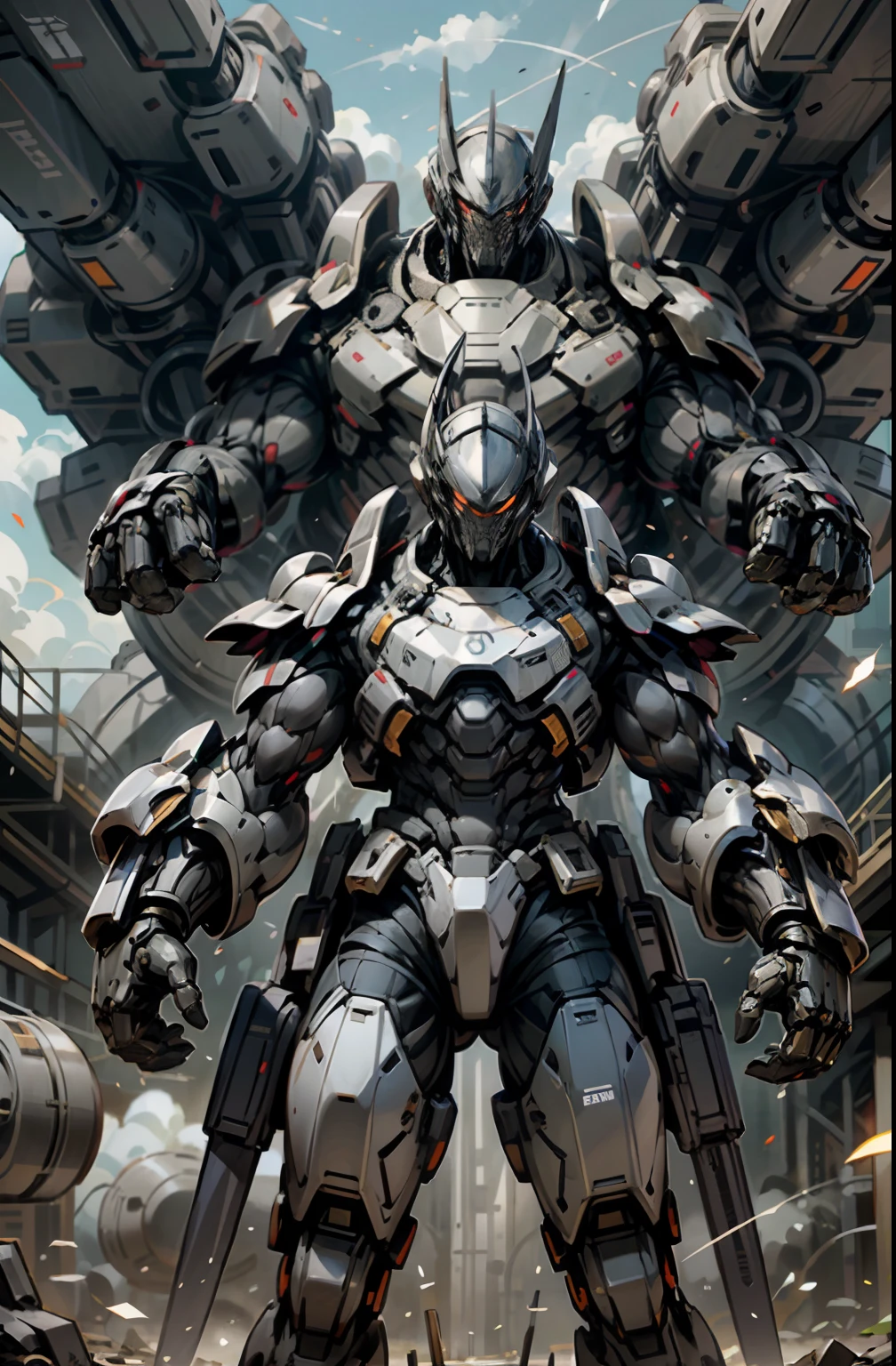 Giant armor fifty meters high，Weighs eight thousand tons，Equipped with wrist blade，The back is backed by double-barreled heavy artillery and rocket thrusters。The whole body is equipped with high-precision weapons and super rifles
