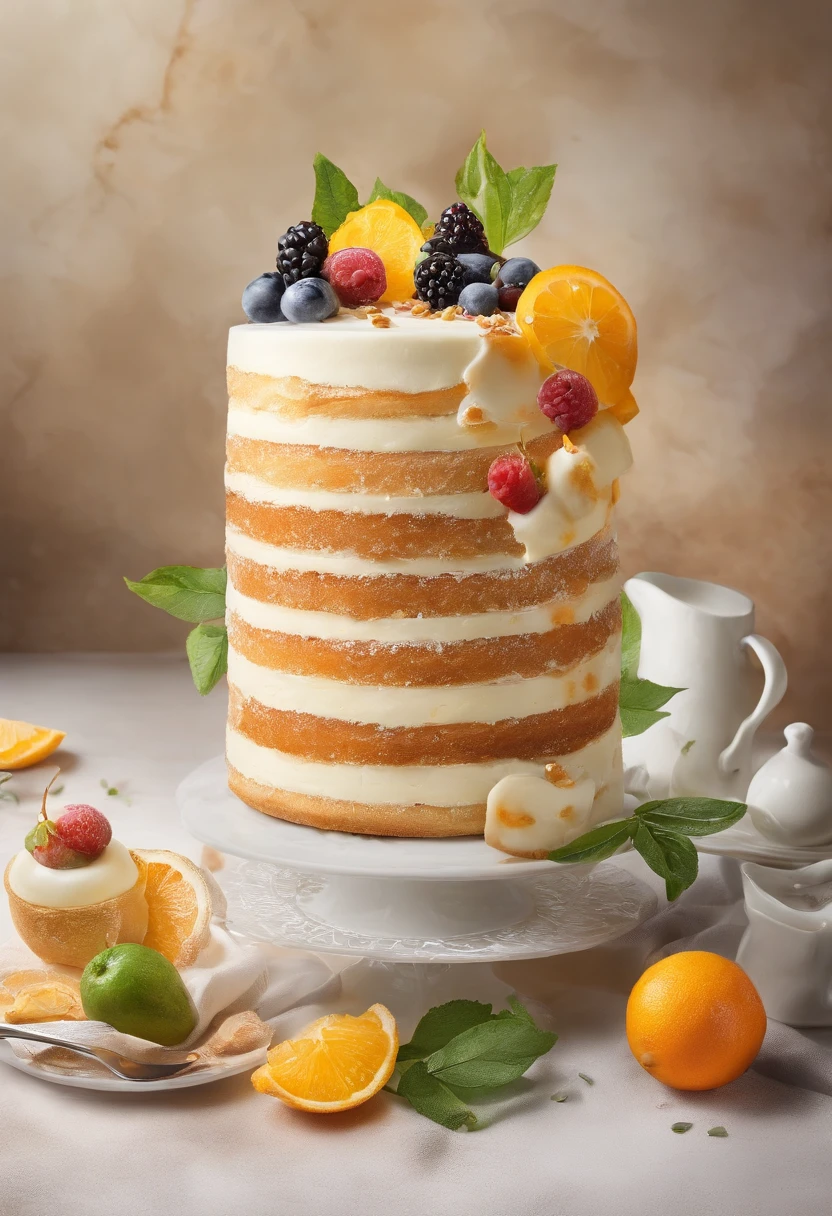 Line drawing、Line Art（monochromes:1.2)、(Cute illustration:1.2)、(watercolor paiting:1.2)、white backgrounid、florals、green leafs、fruit、tropical fruits、citric acid、acid、Sour、waffle、breads、cooking a、cupcake、tiramisu、Cream cake、confections、high tea、Dolce、Particles of light、drinks、Ice cubes、still life photography