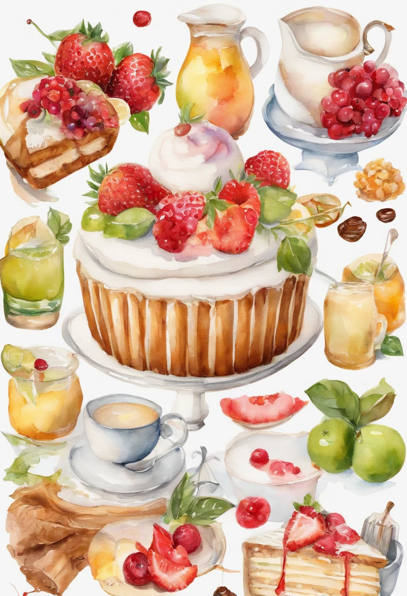 Line drawing、Line Art(monochromes:1.2)、(Cute illustration:1.2)、(watercolor paiting:1.2)、white backgrounid、florals、green leafs、fruit、tropical fruits、citric acid、acid、Sour、waffle、breads、cooking a、cupcake、tiramisu、Cream cake、confections、high tea、Dolce、Particles of light、drinks、Ice cubes、still life photography